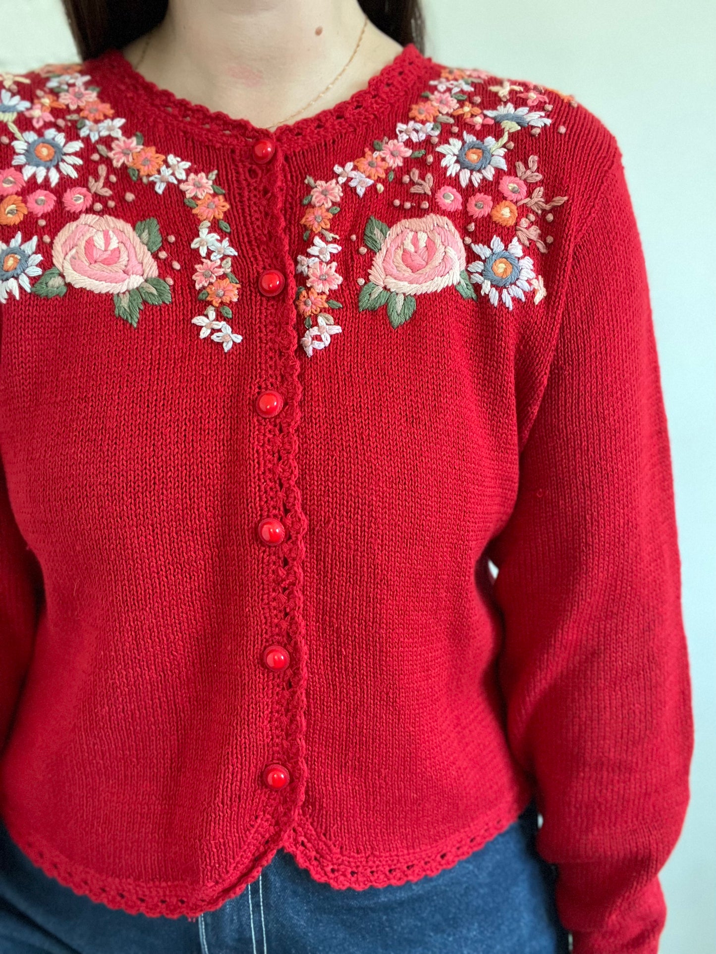 Floral Embroidered Cottage Cardigan - L