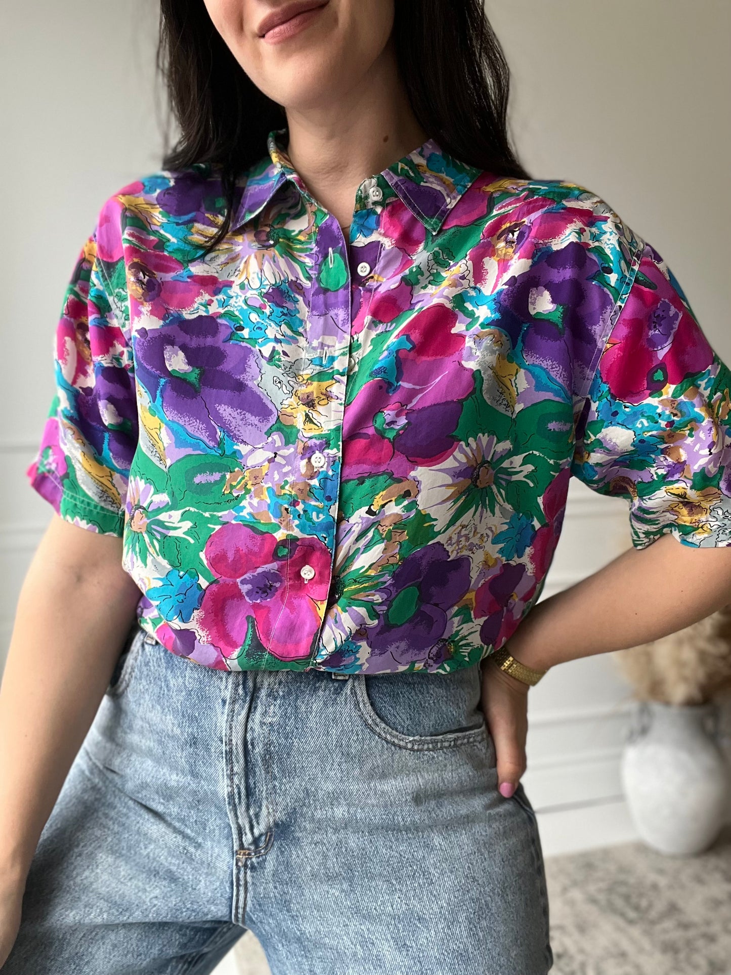 Bright Floral 100% Silk Shirt - Size L