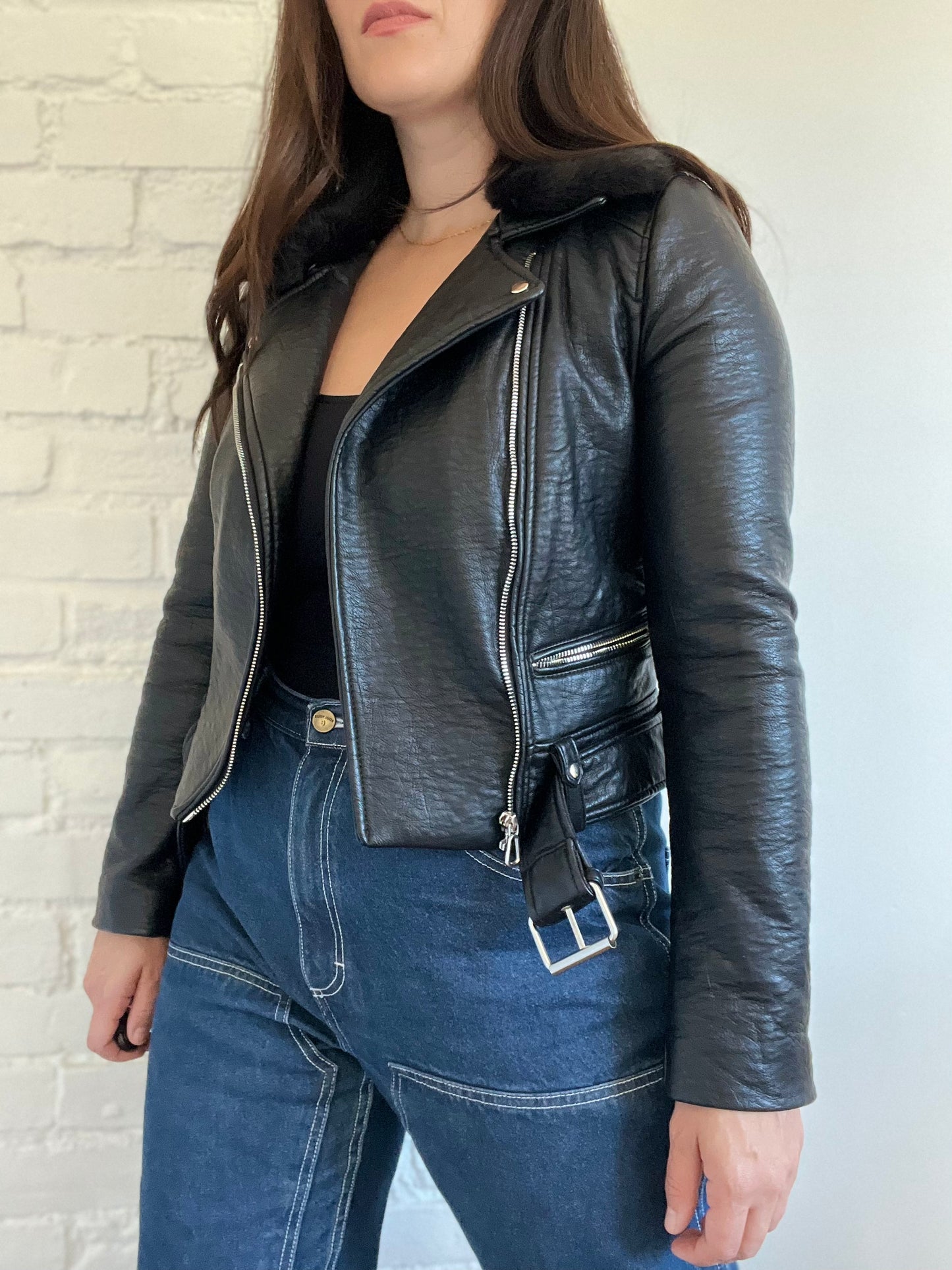 Faux Fur Collar Biker Jacket  - Size S