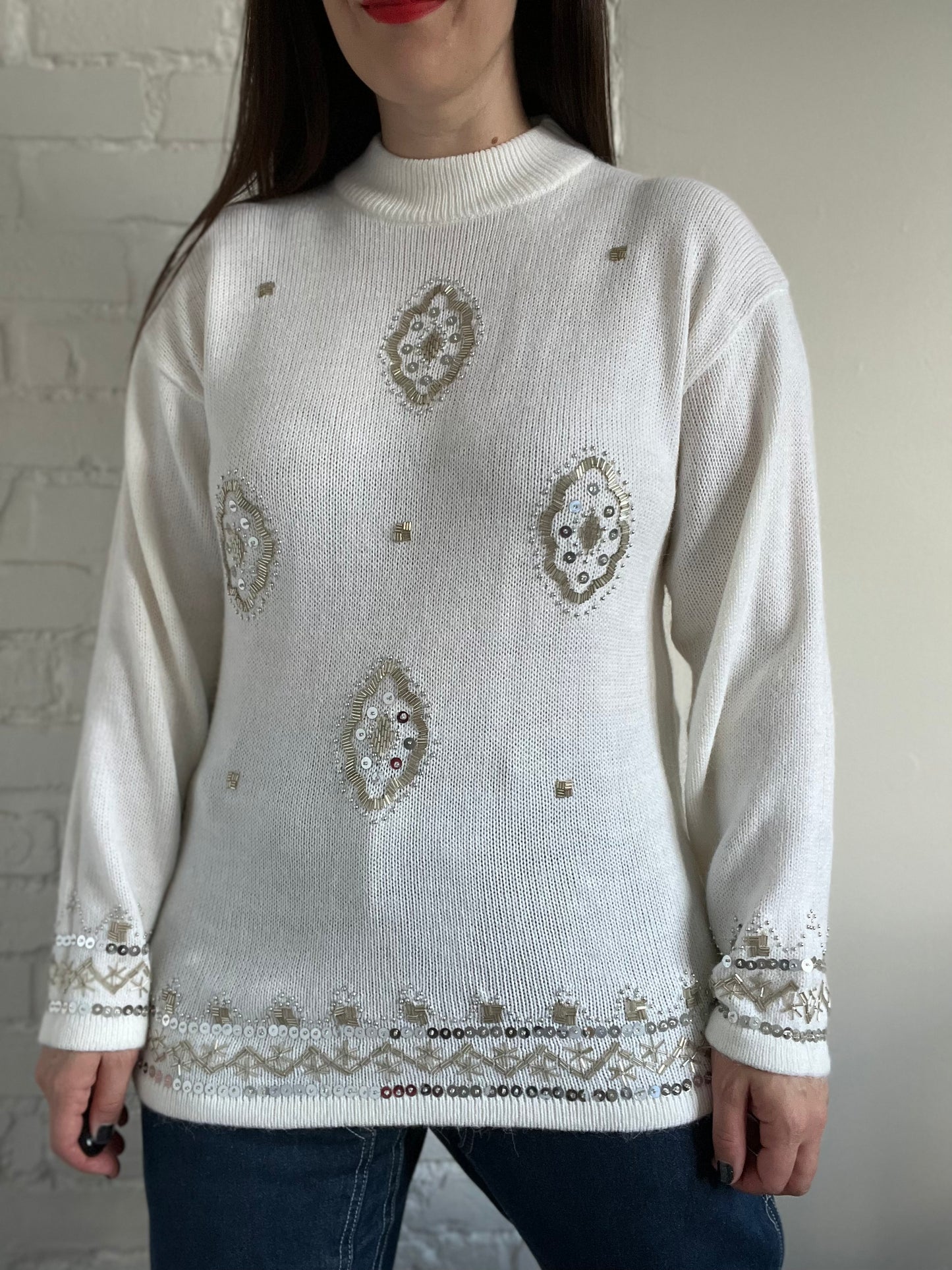 Sequinned Holiday Knit Sweater - M