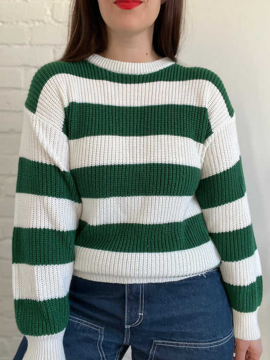 Green & White Striped Sweater - M