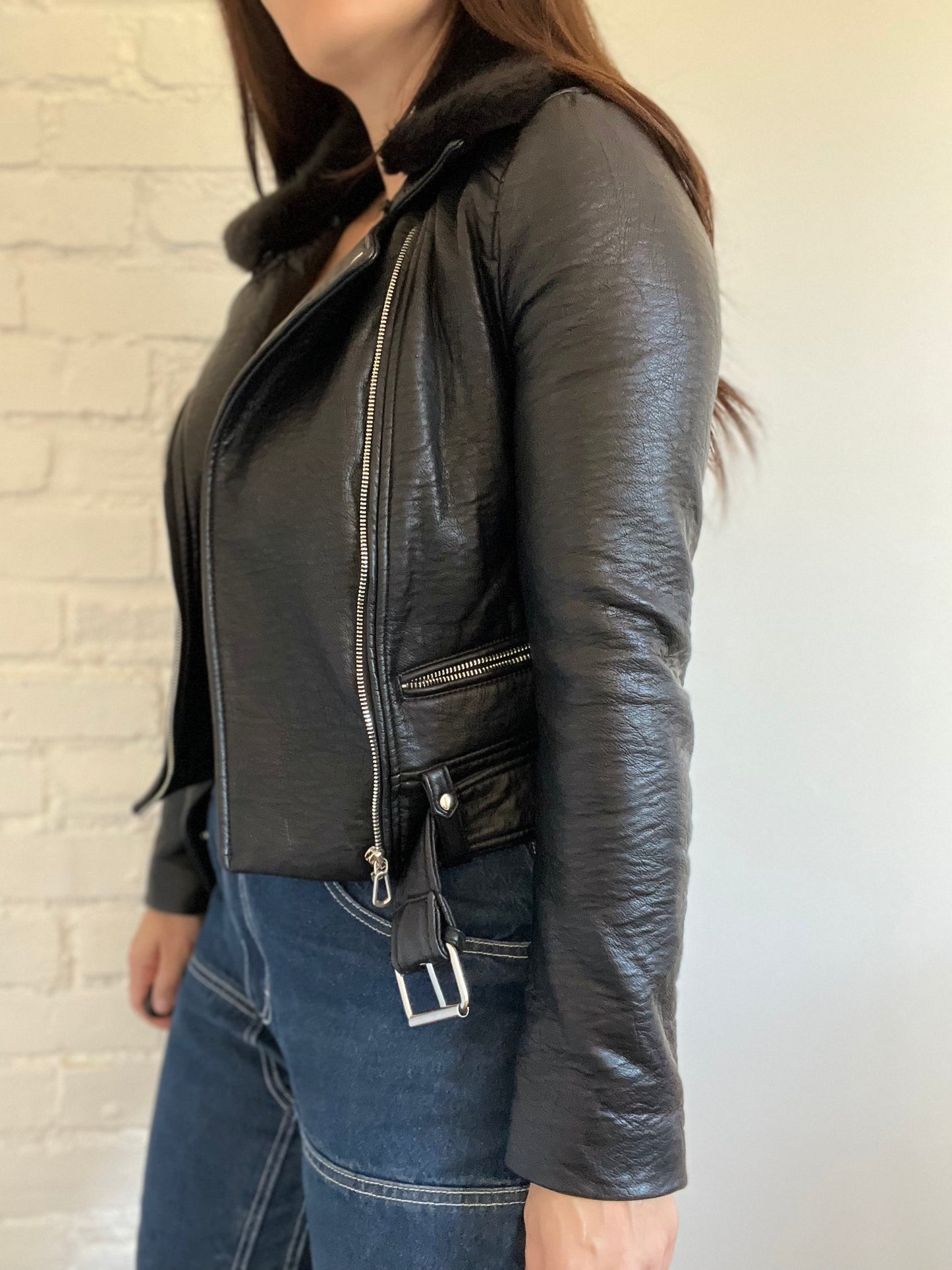 Faux Fur Collar Biker Jacket  - Size S