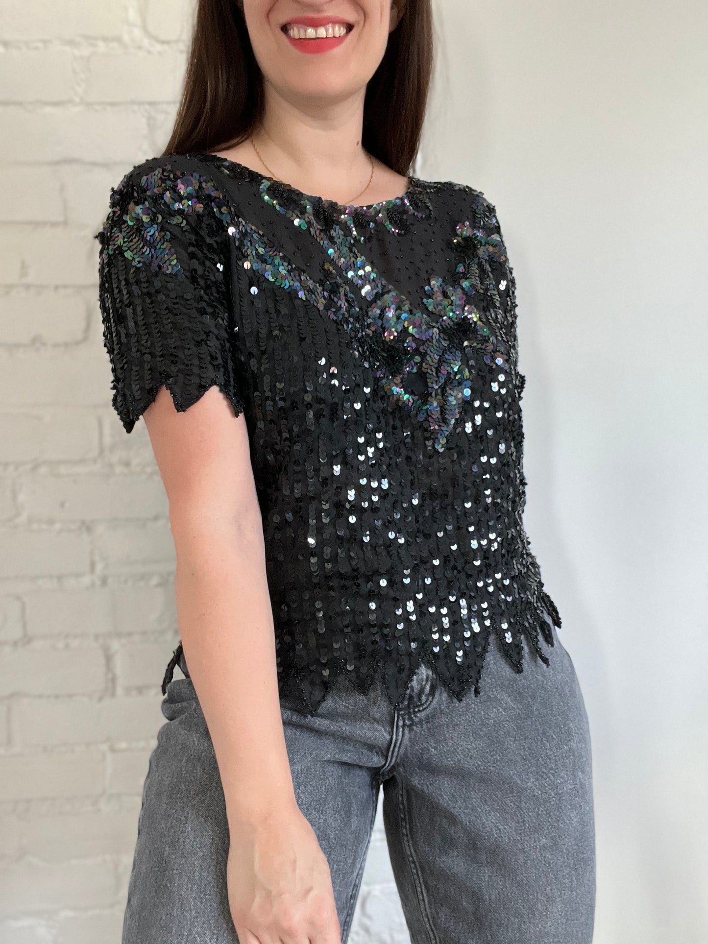 Black Sheer Sequinned Top - M