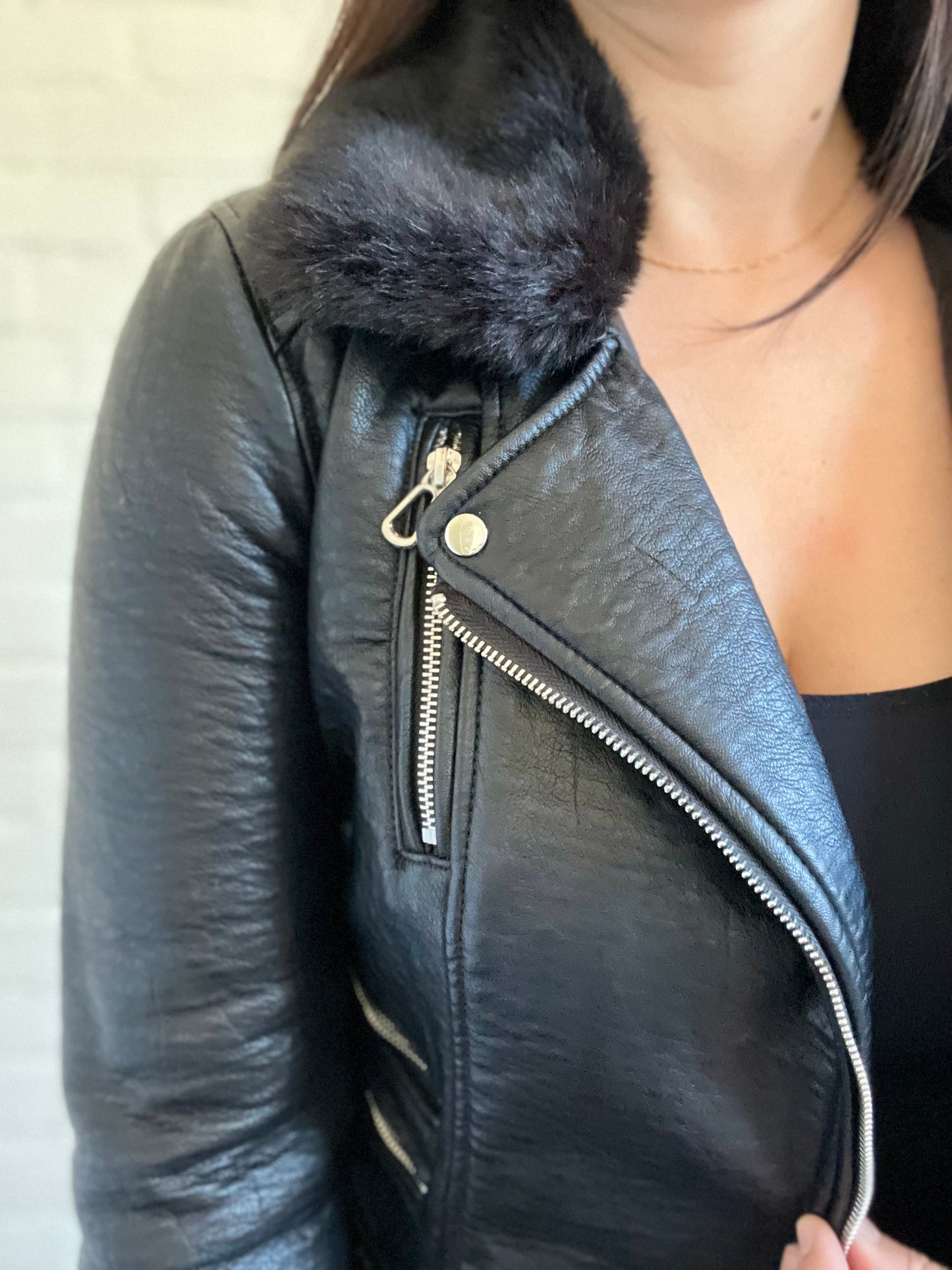 Faux Fur Collar Biker Jacket  - Size S