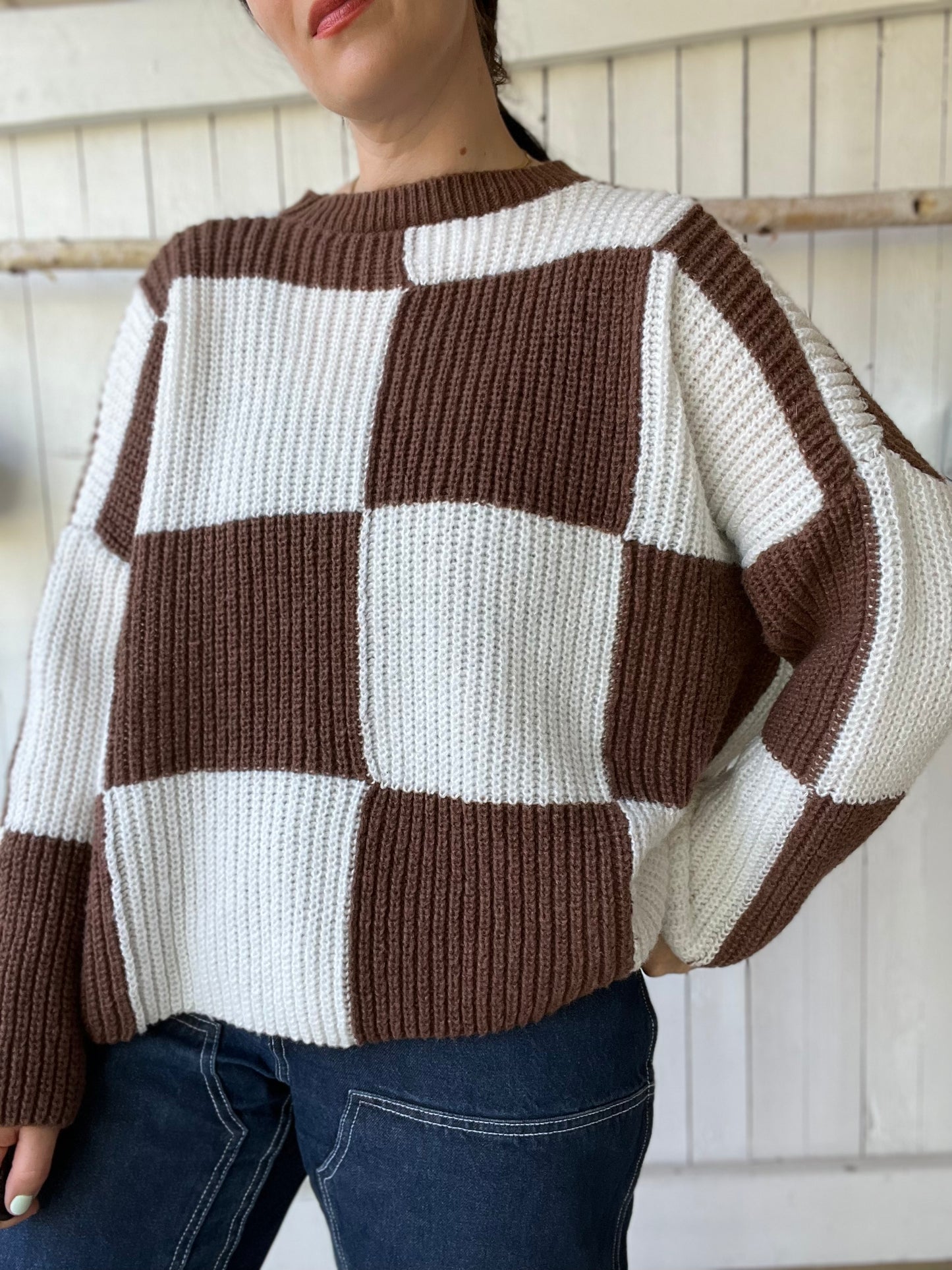 Oversize Block Brown & White Sweater - Size L