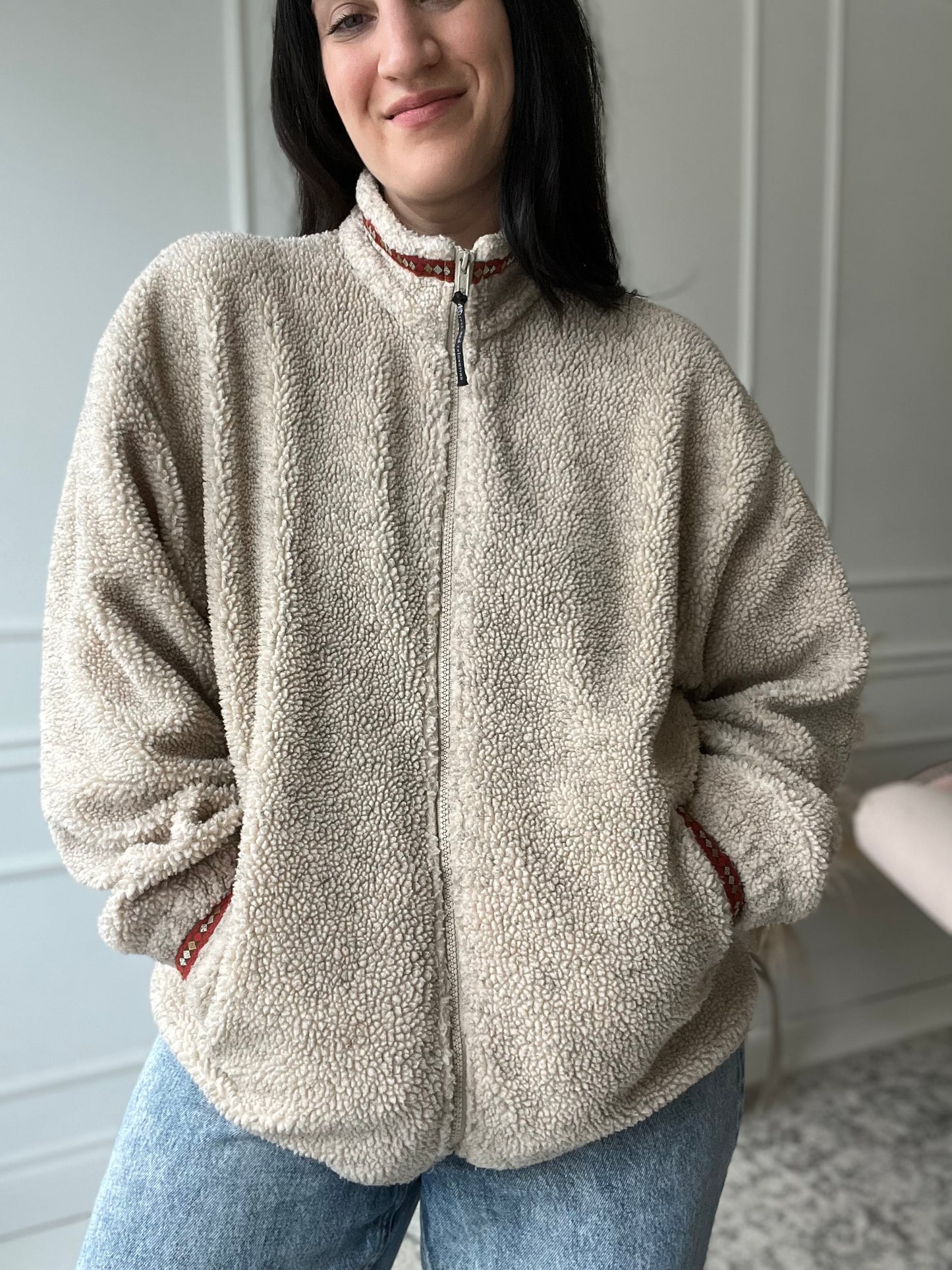 Vintage Beige Sherpa Fleece Jacket - Size XL