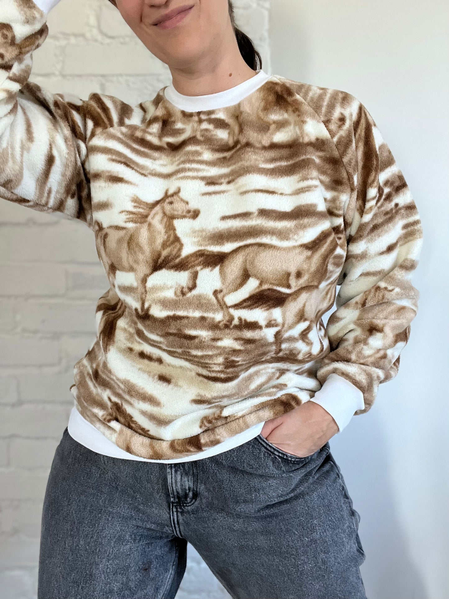Horses Fleece Crewneck Sweater - Size S