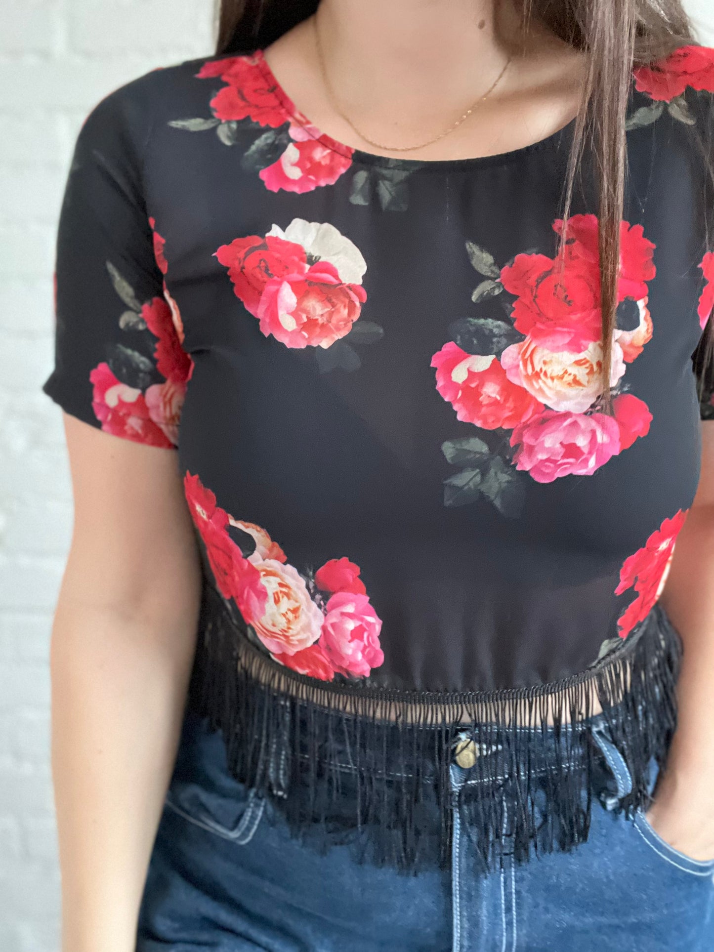 Floral Fringe Crop Top - M