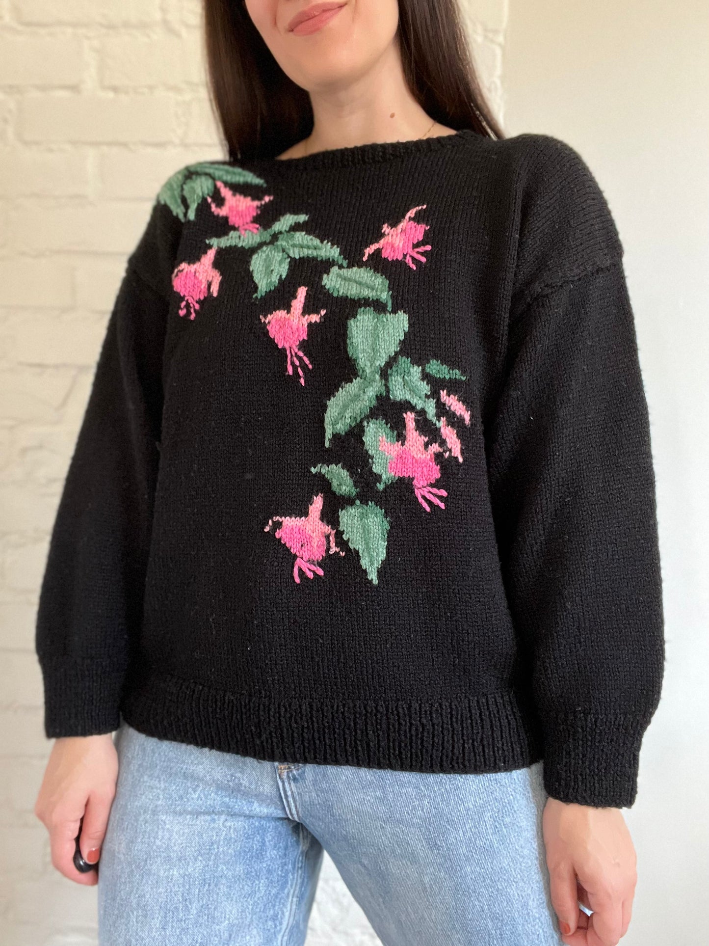 Hand Knit Black & Floral Sweater - Size L/XL