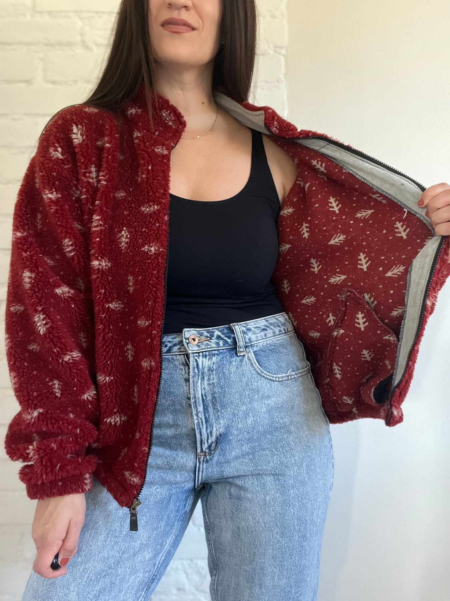 Red & White Fleece Sherpa Jacket - M/L