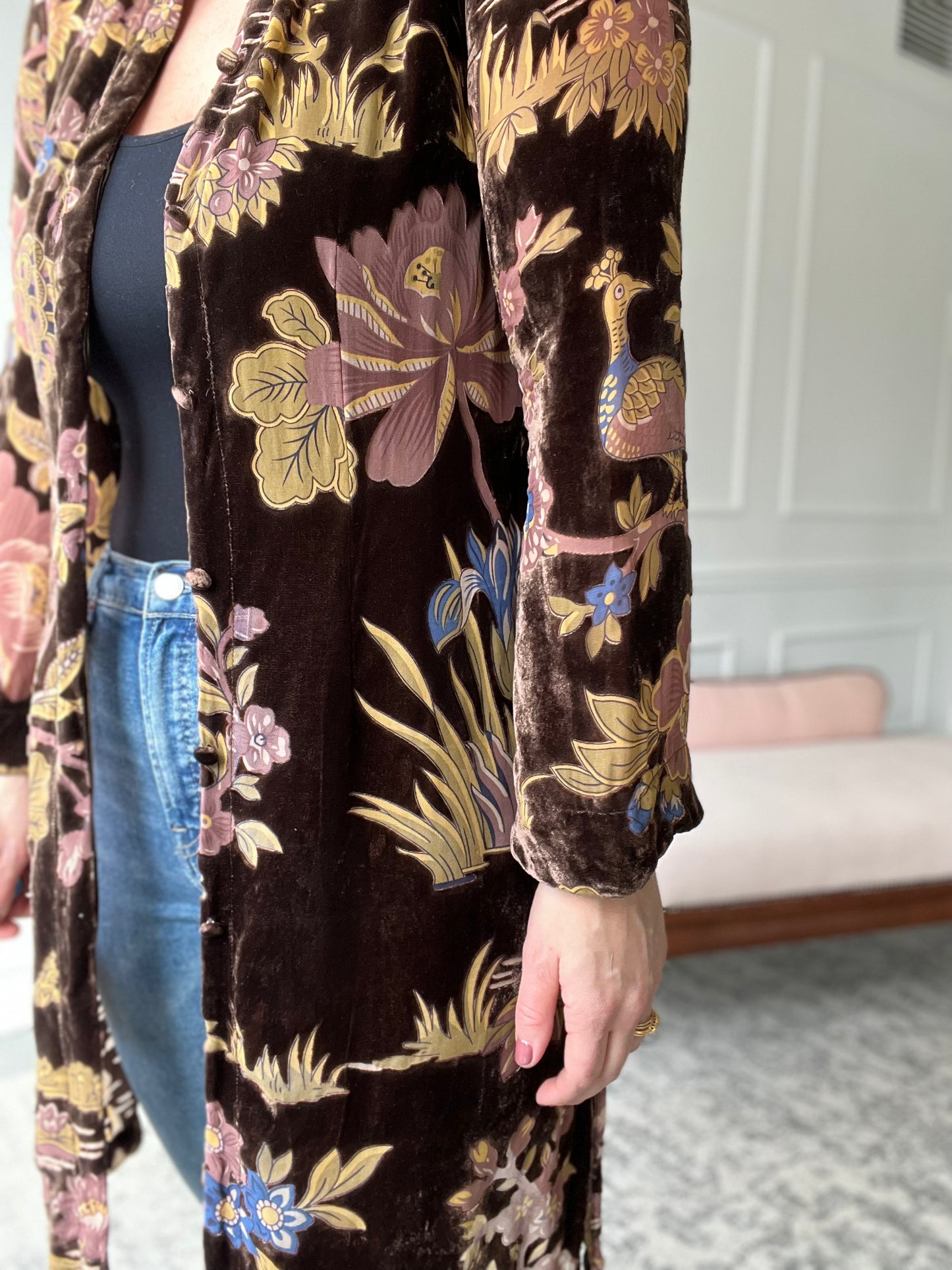 Neutral Floral Velvet Duster - Size XS