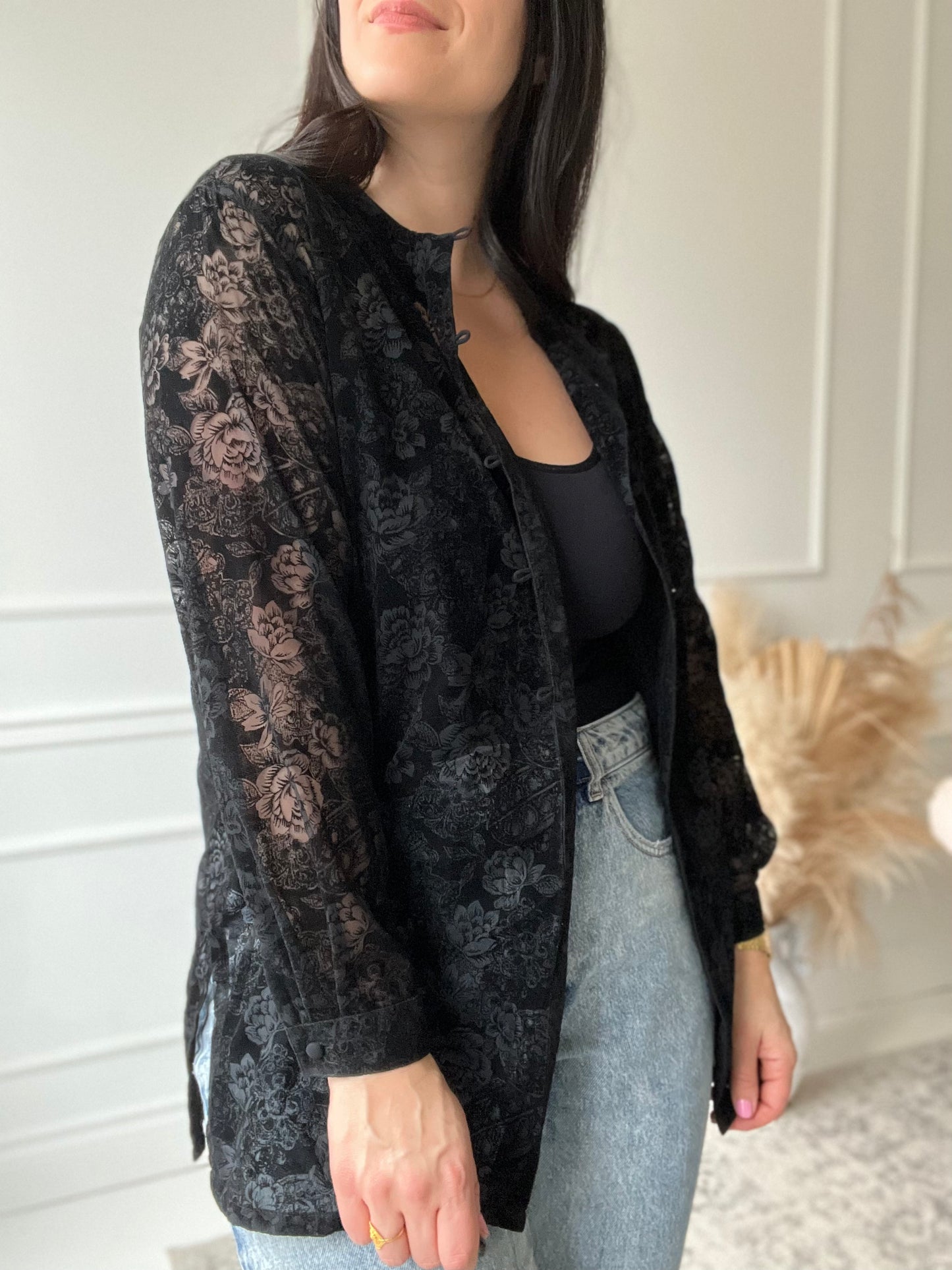 Sheer Velvet Floral Button Up - Size XL