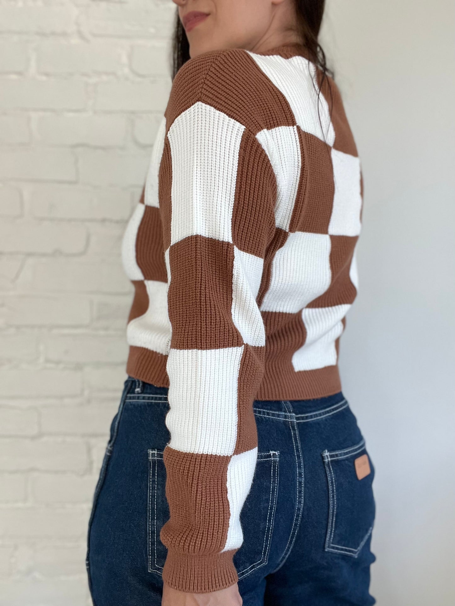 Camel & White Checkered Sweater - Size S