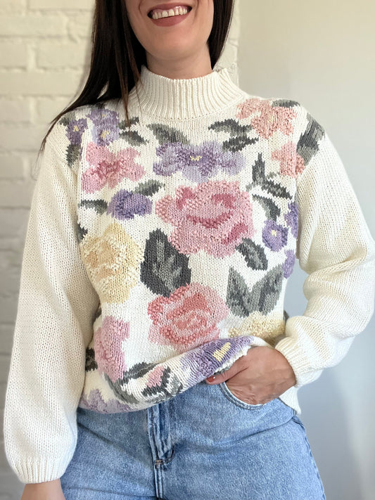 Pastel Floral Handknit Sweater - M