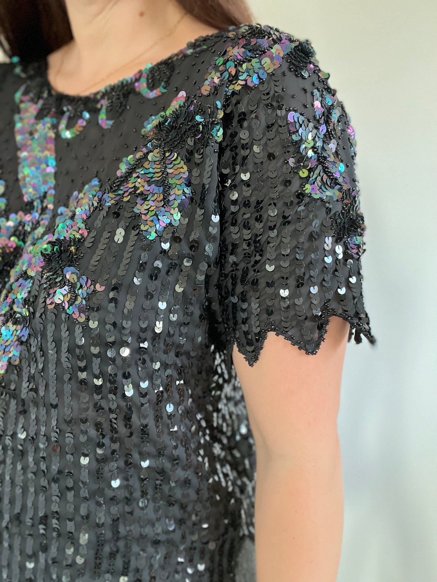 Black Sheer Sequinned Top - M