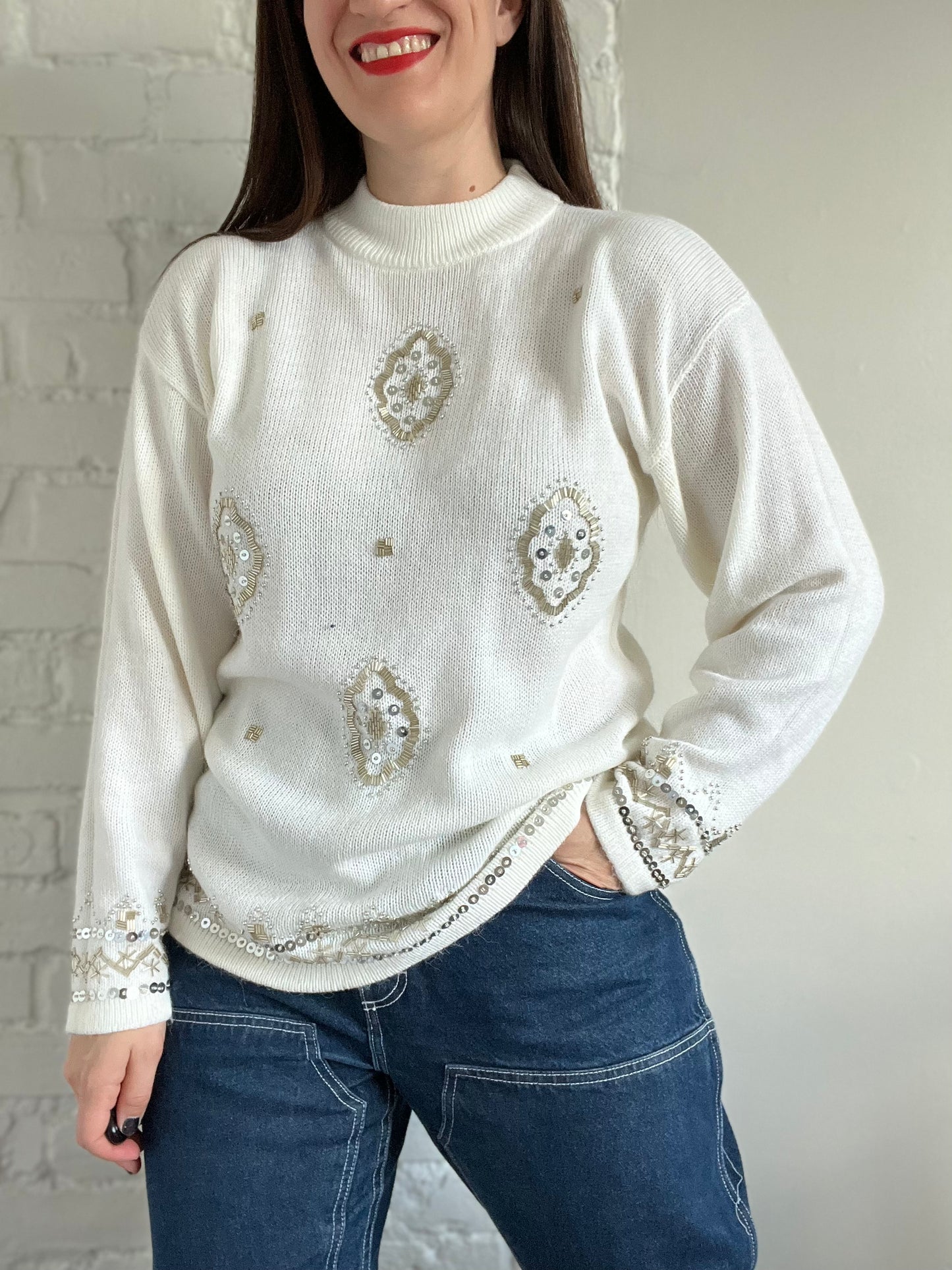 Sequinned Holiday Knit Sweater - M