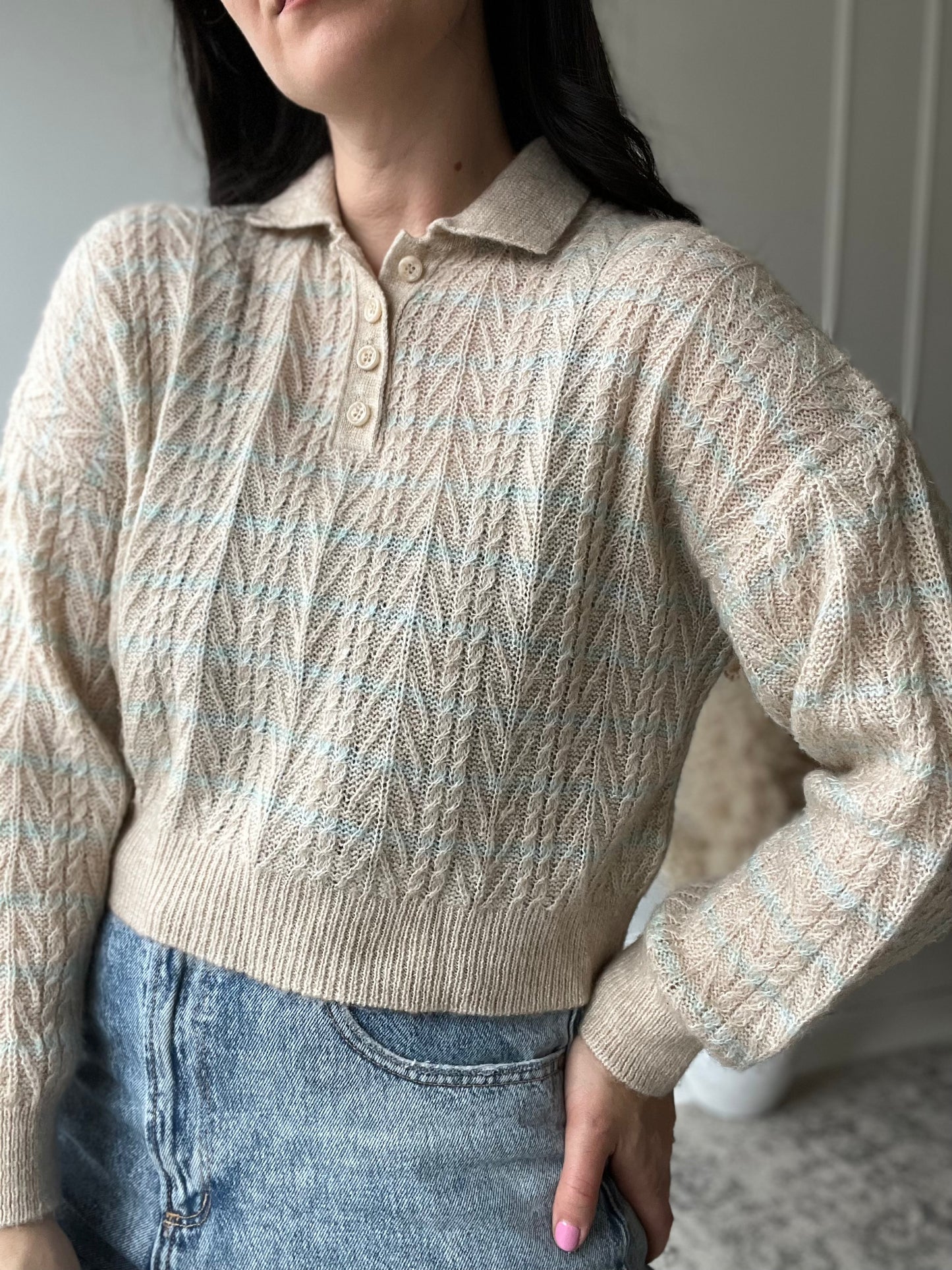 Cropped Cream & Turquoise Knit - Size XS