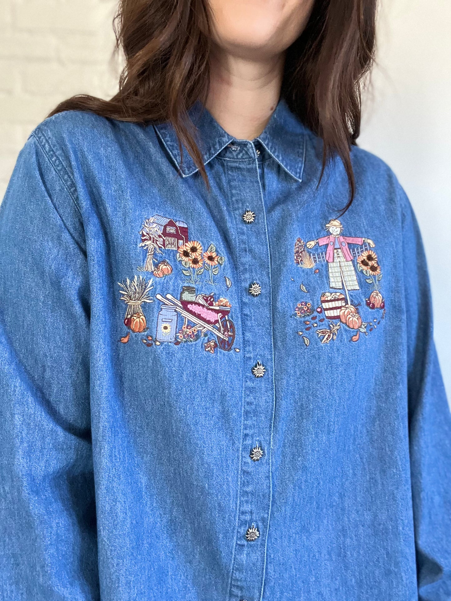 Pumpkin Denim Fall Button Up Shirt - Size XL