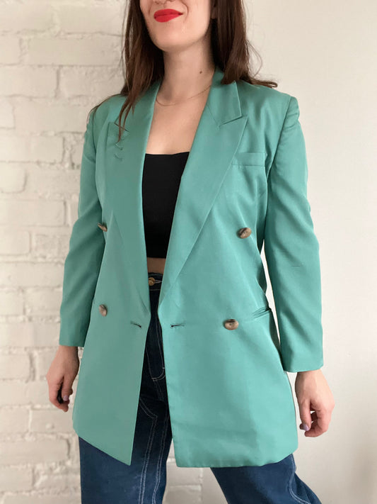 Turquoise Double-Breasted Silk Satin Blazer  - L