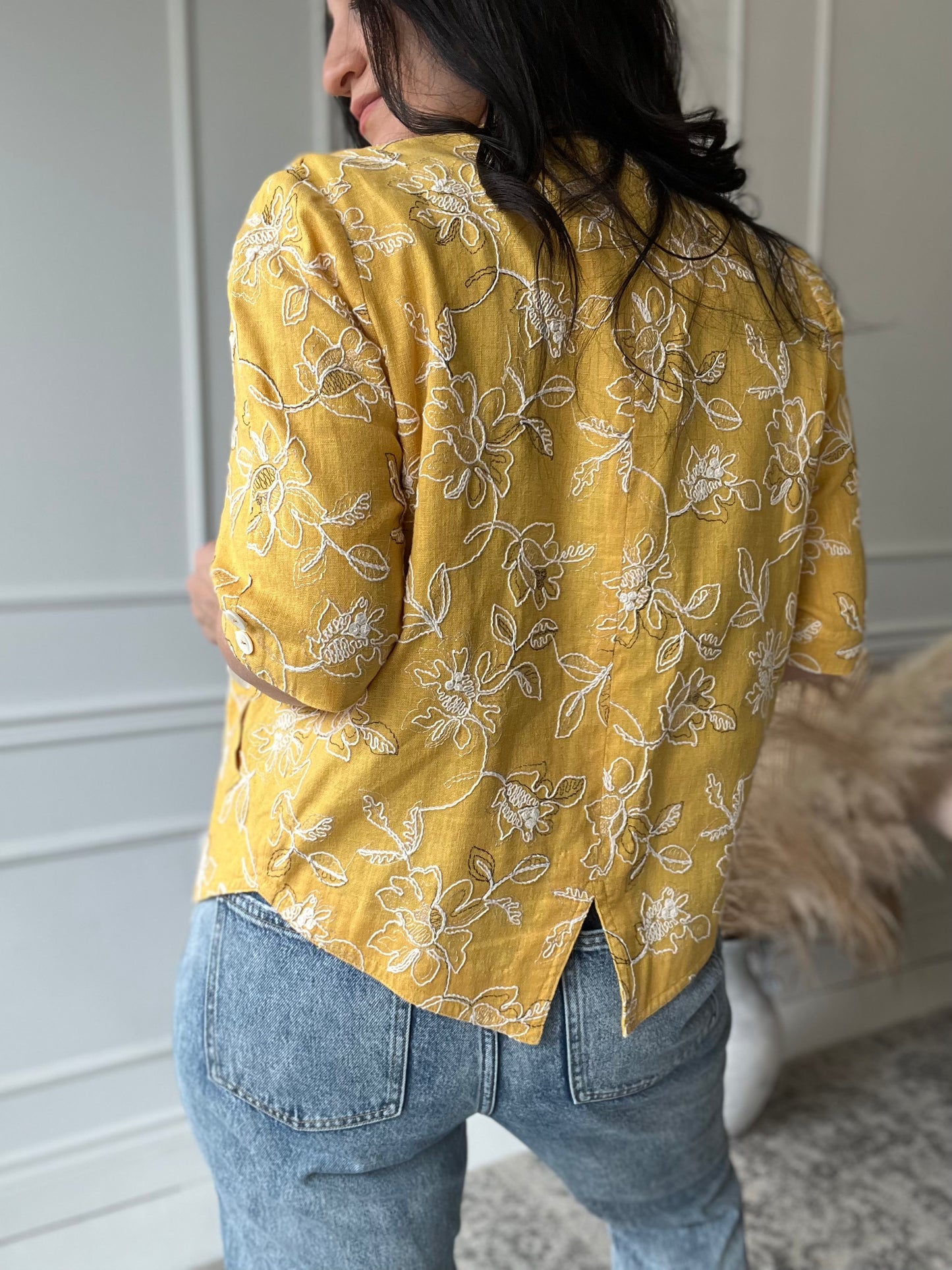 Yellow Embroidered Linen Top - Size M/L