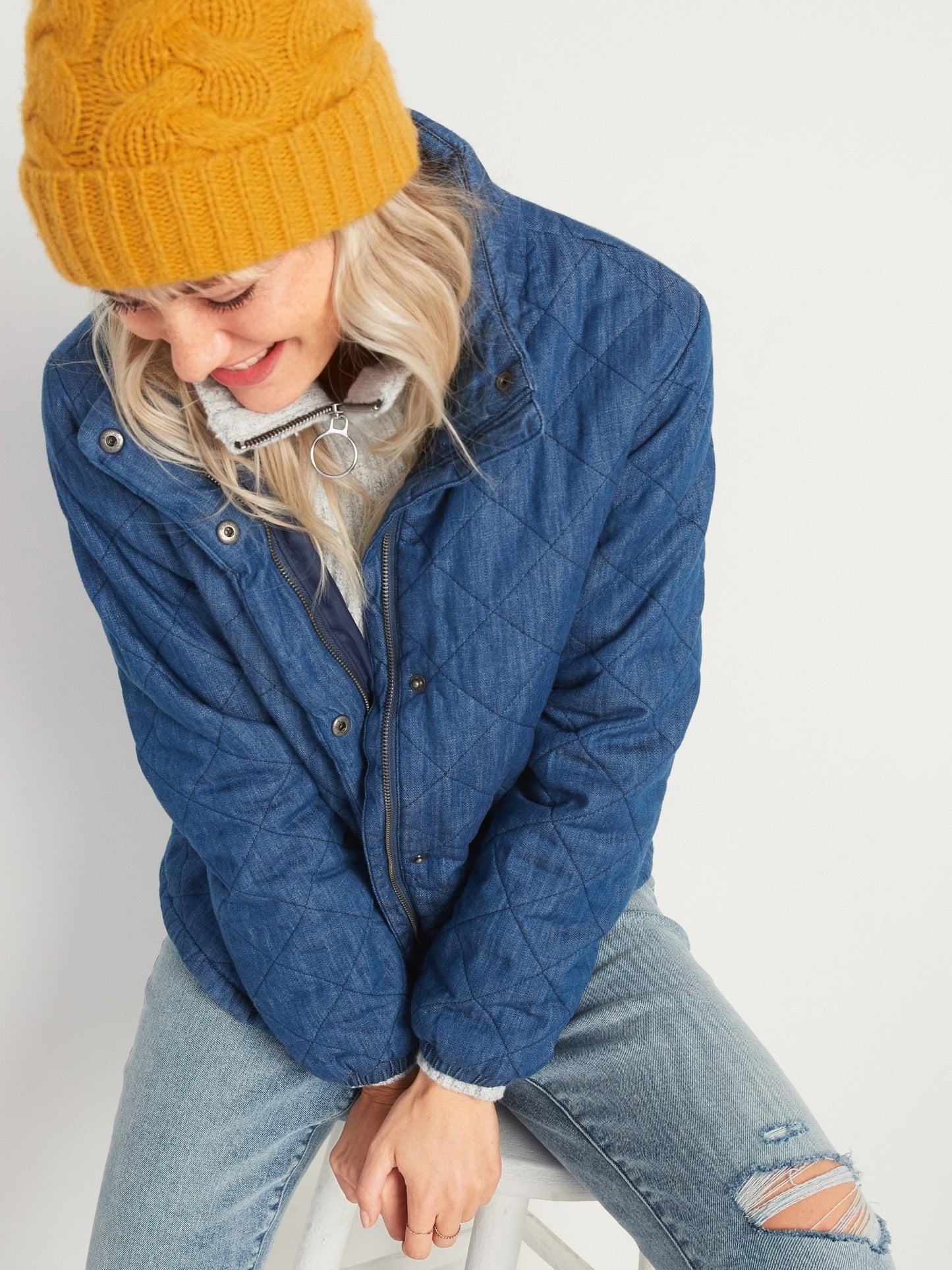 Chambray Quilted Puffer Jacket - Size XL