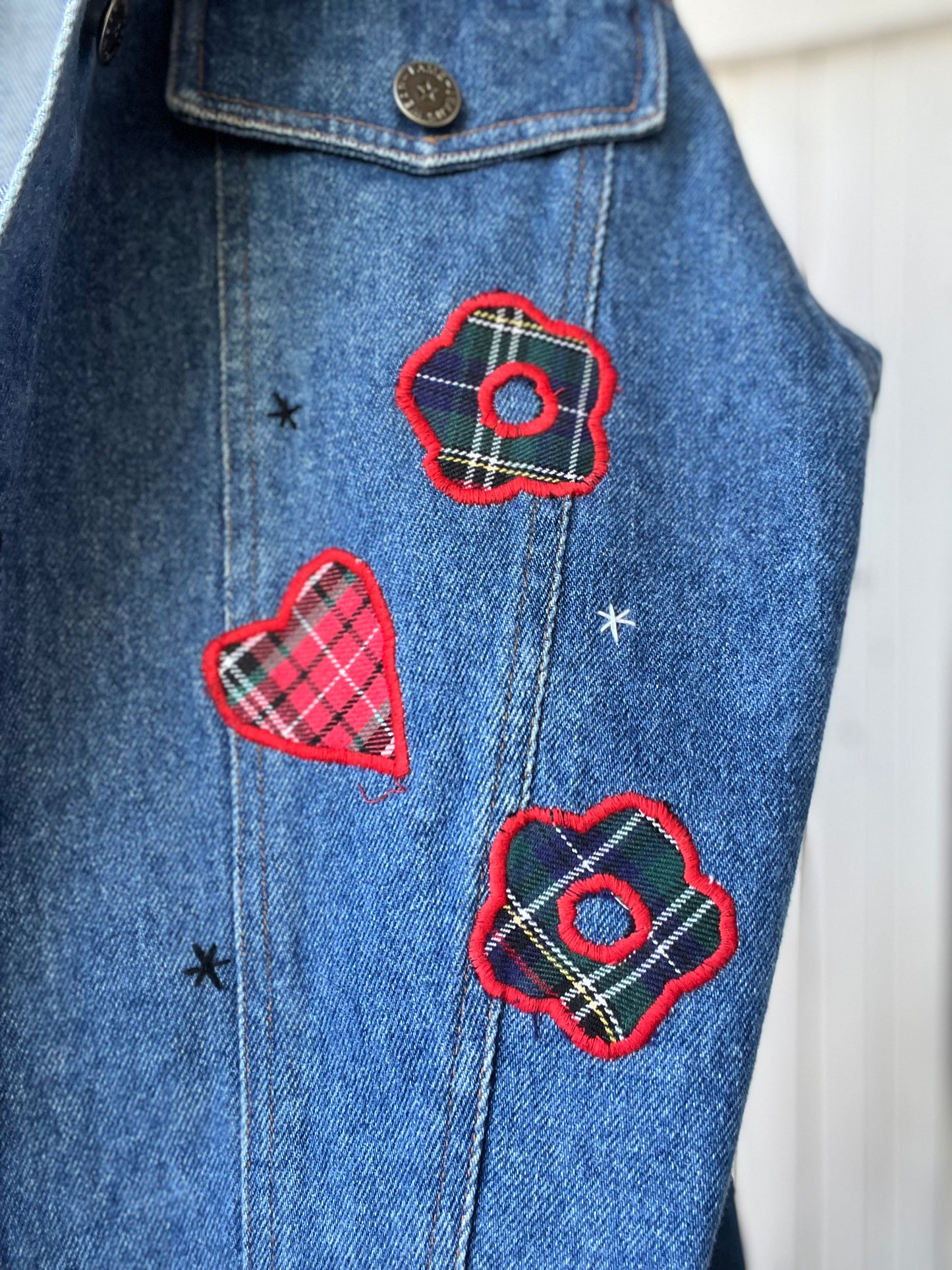 Patched Plaid Denim Jacket - Size M