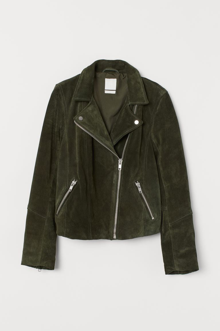 Army Green 100% Leather Suede Moto Jacket - Size 4