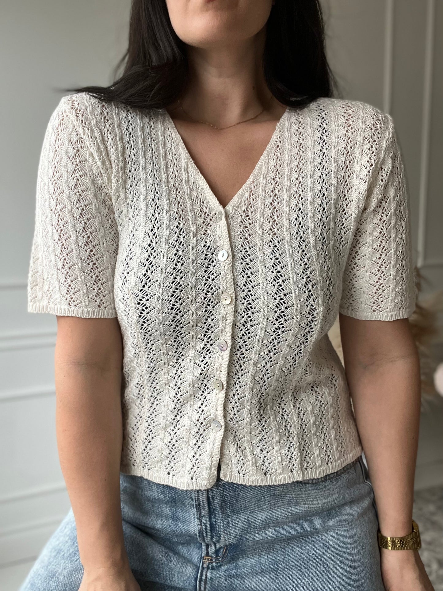 Vintage V-Neck Crochet Top - Size S