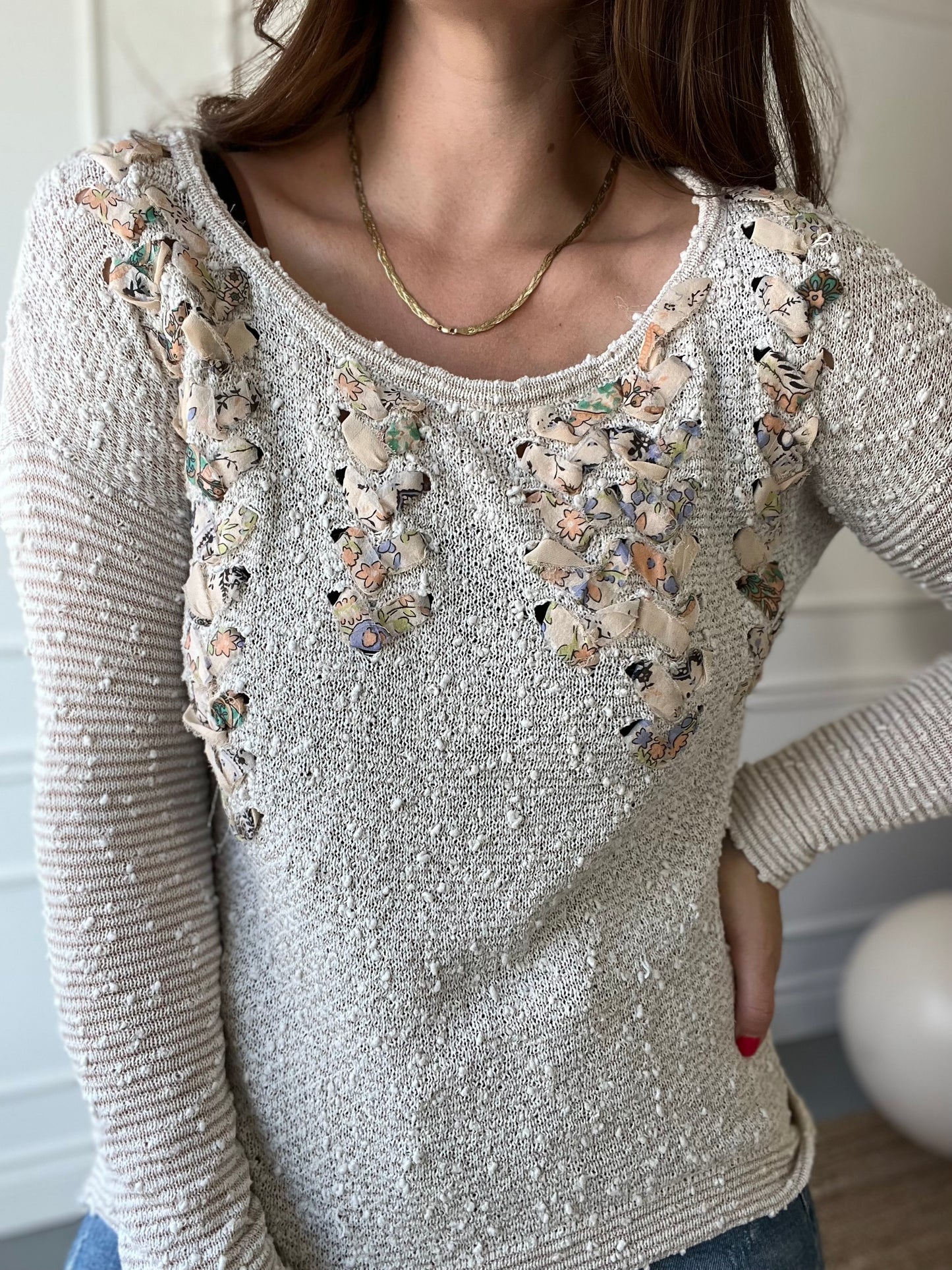 Lace Up Floral Cream Sweater - Size M