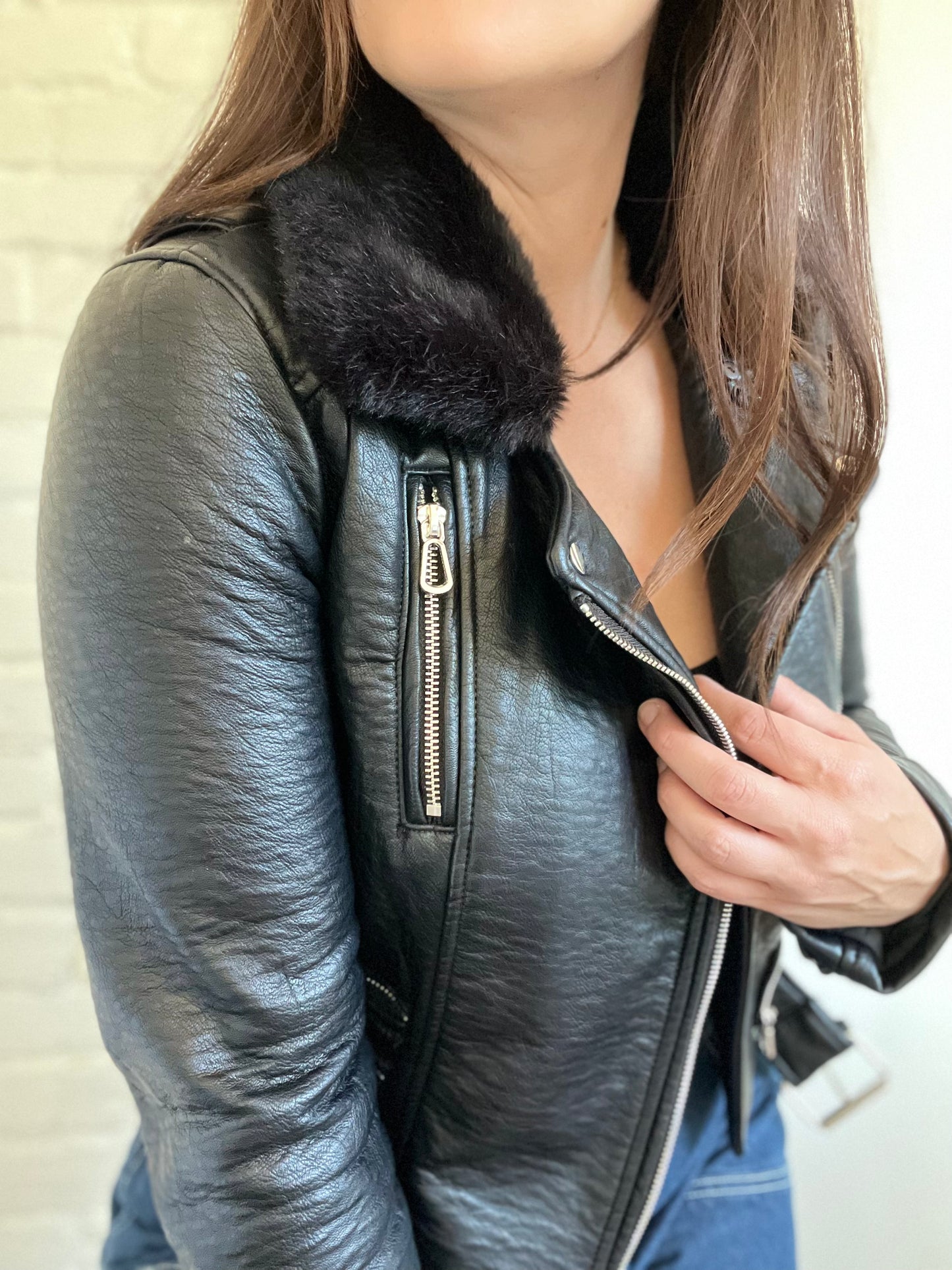 Faux Fur Collar Biker Jacket  - Size S
