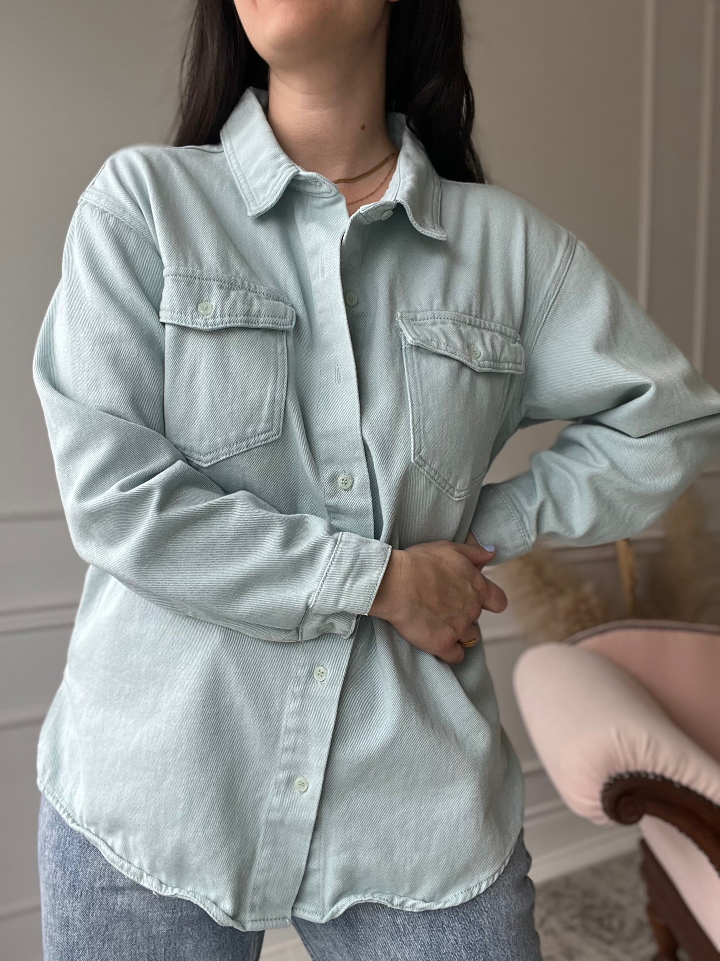 Light Teal Denim Shacket - Size L