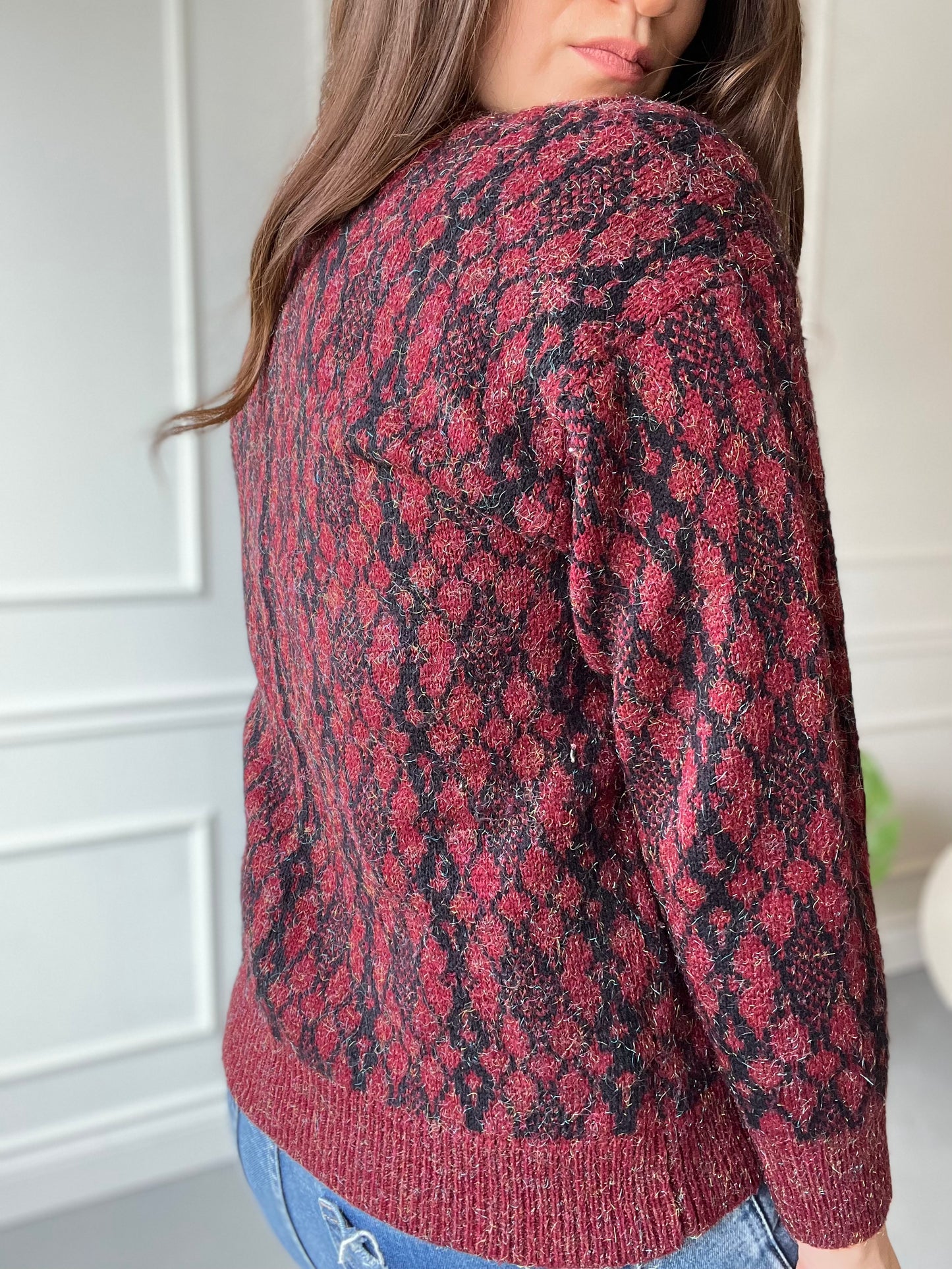 Red and Black Giraffe Tinsel Sweater - Size S/M