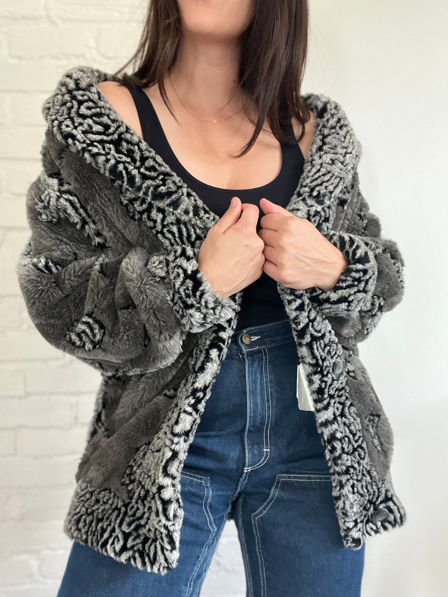 Grey & Black Faux Fur Jacket - Size S/M