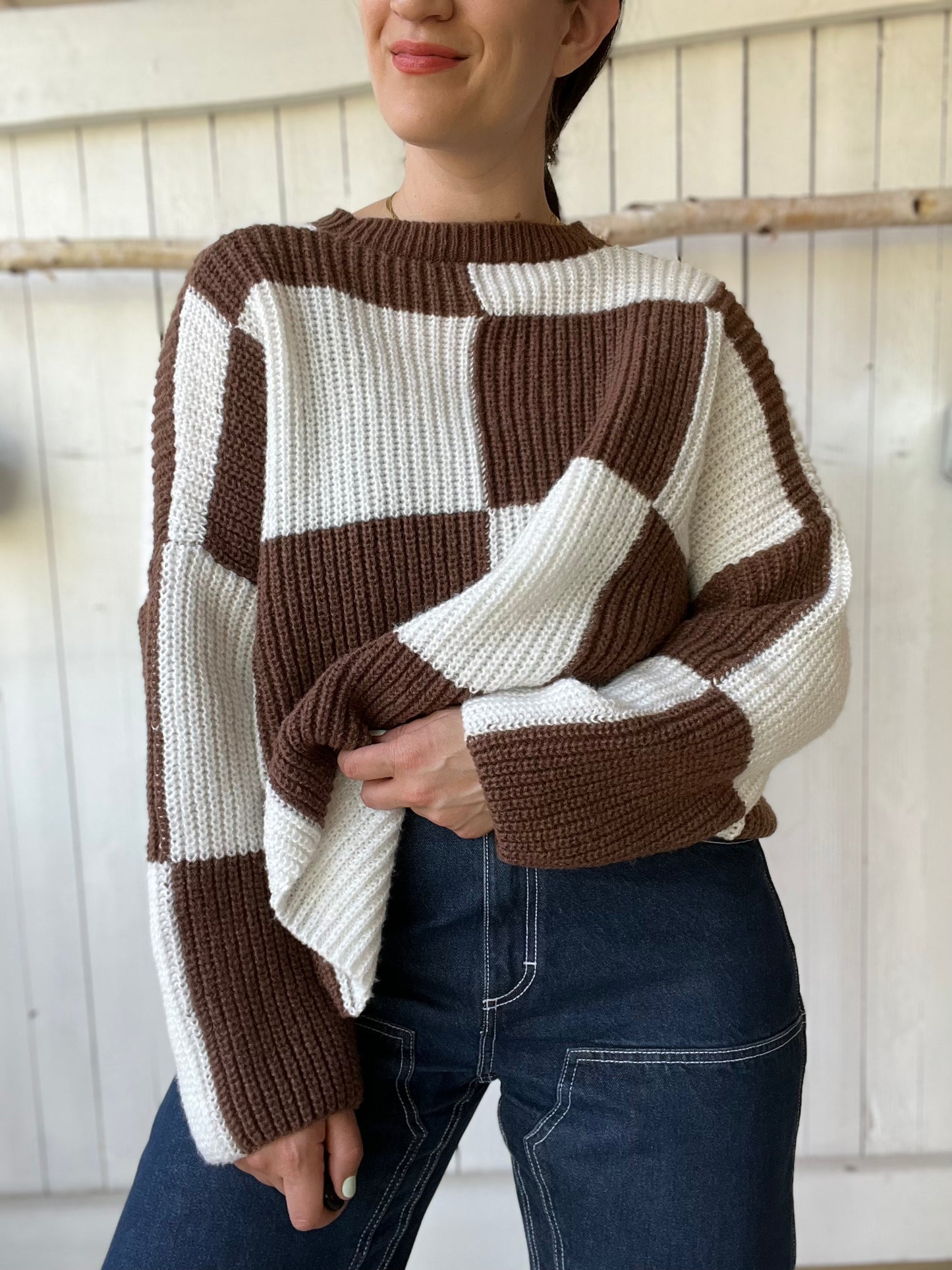 Oversize Block Brown & White Sweater - Size L