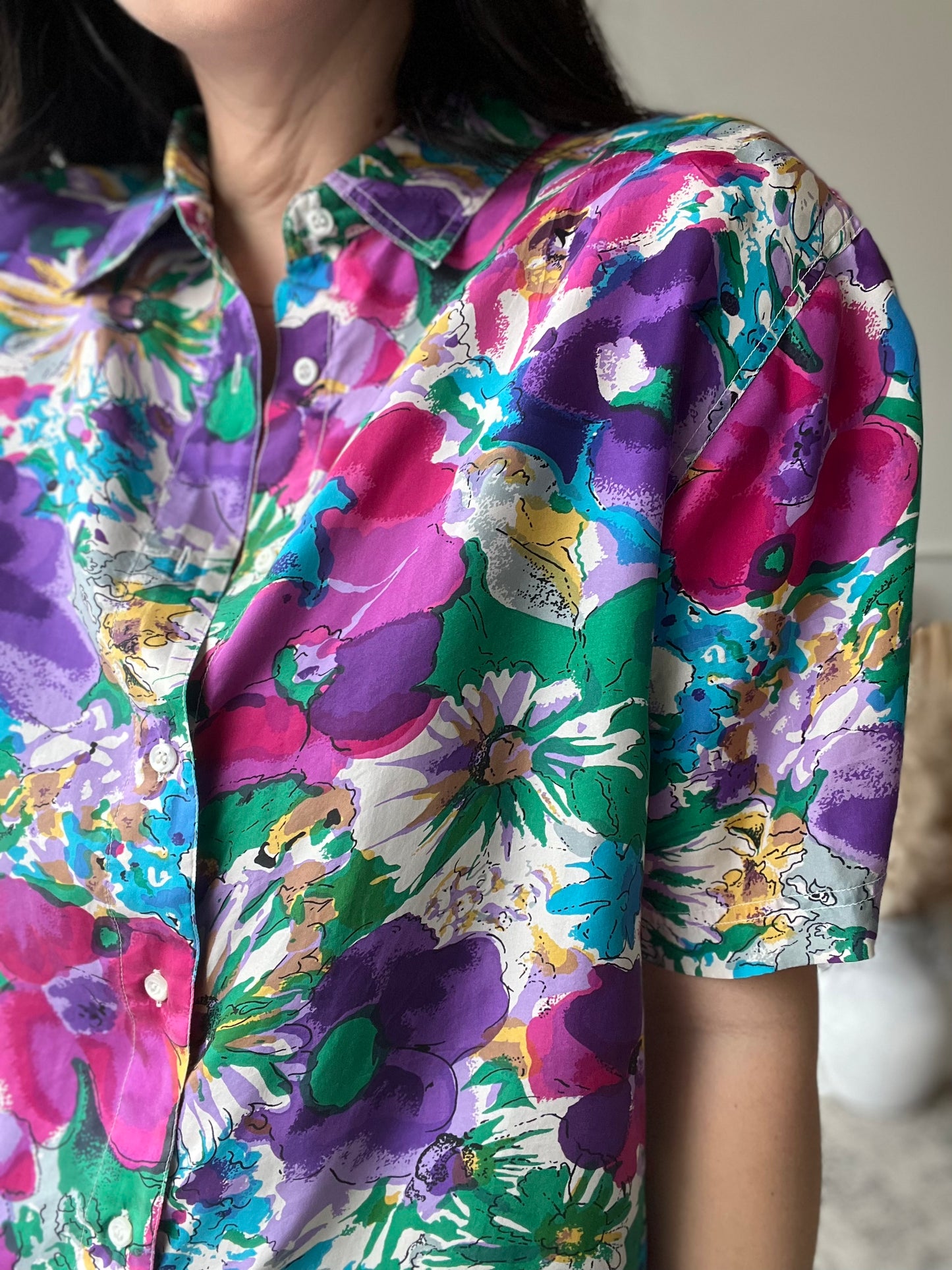 Bright Floral 100% Silk Shirt - Size L