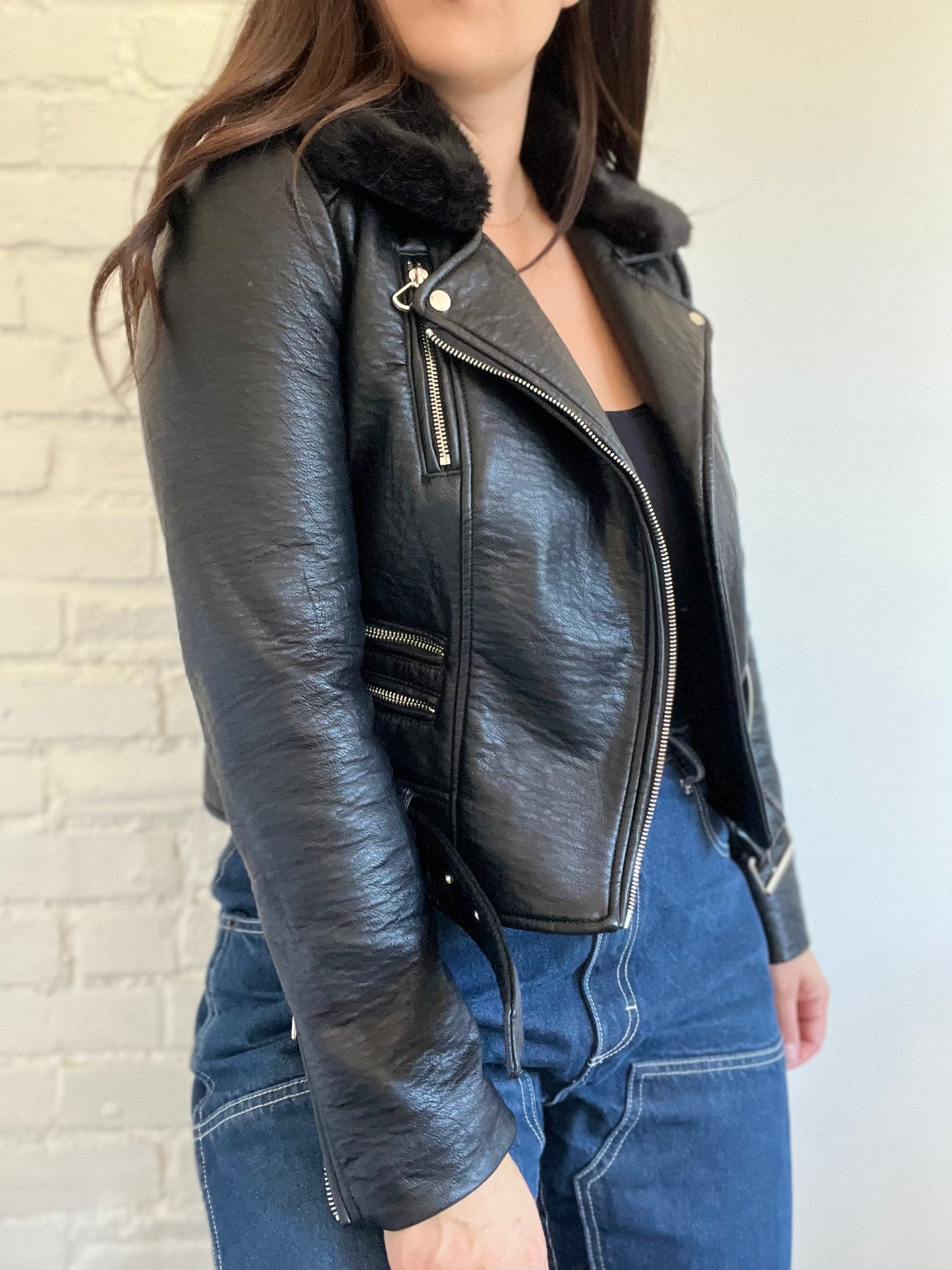 Faux Fur Collar Biker Jacket  - Size S