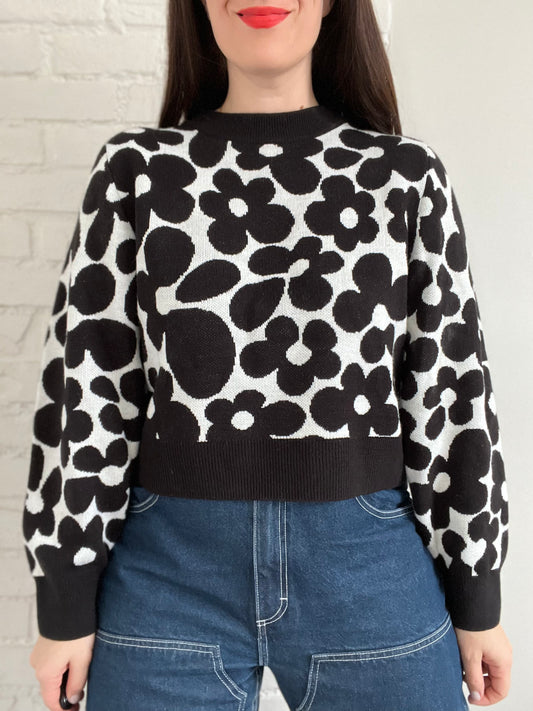 Abstract Floral Crop Sweater - L