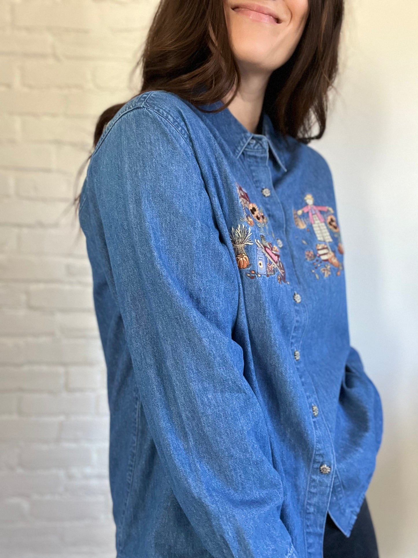 Pumpkin Denim Fall Button Up Shirt - Size XL
