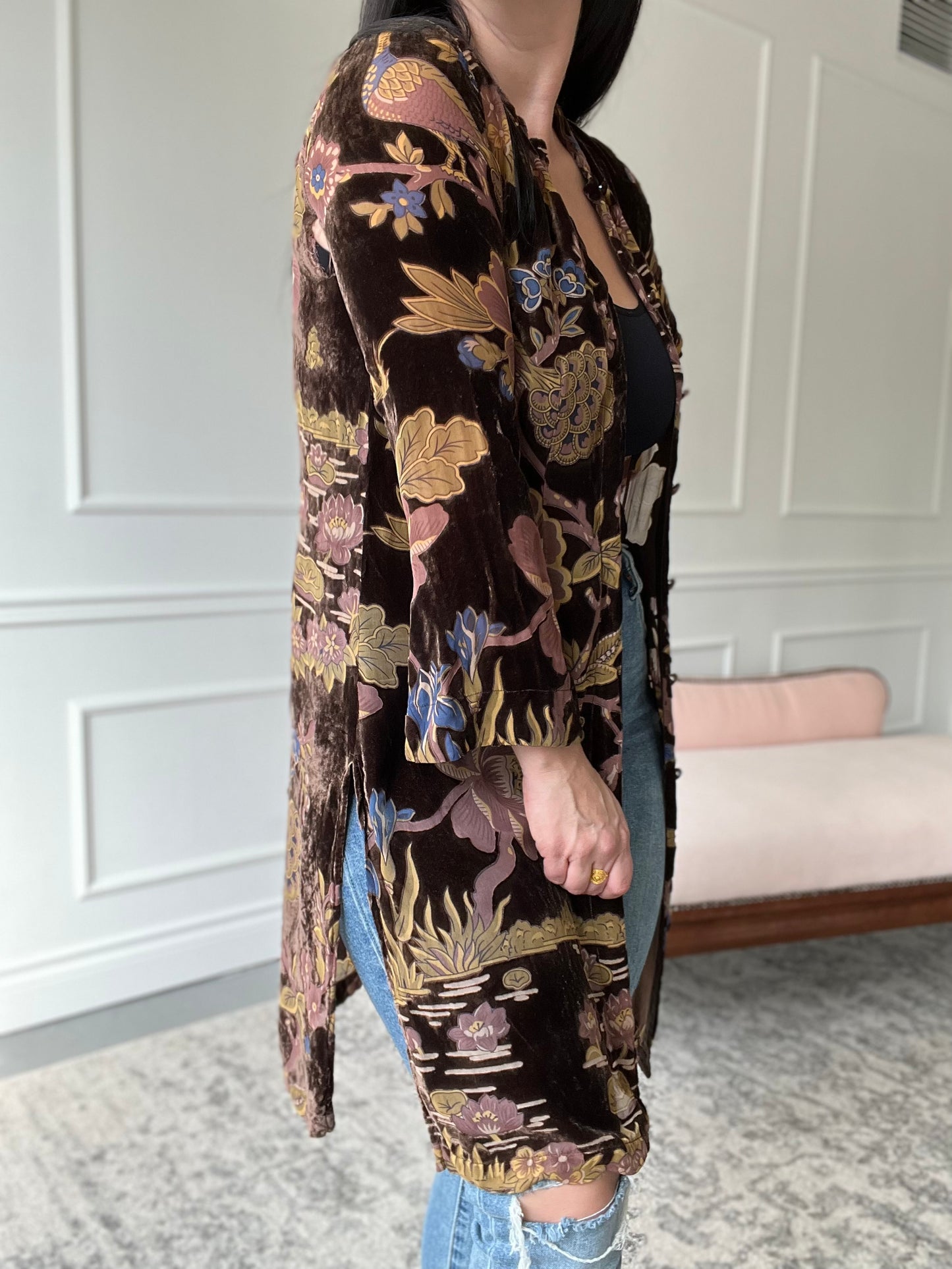 Neutral Floral Velvet Duster - Size XS