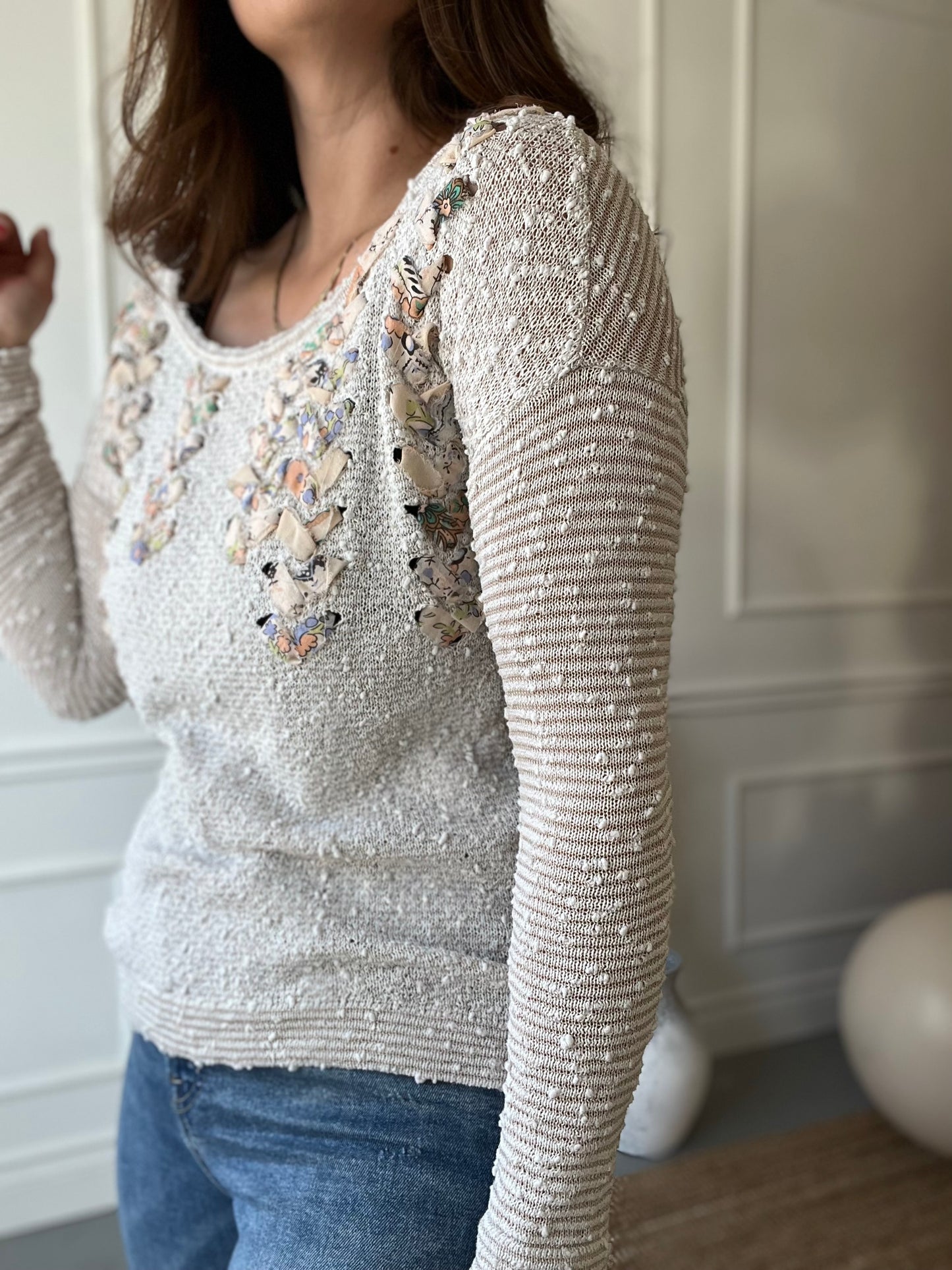 Lace Up Floral Cream Sweater - Size M