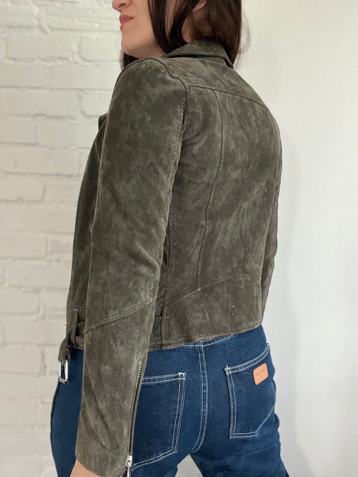 Army Green 100% Leather Suede Moto Jacket - Size 4