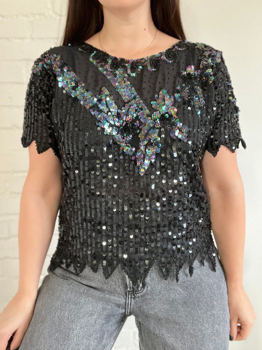 Black Sheer Sequinned Top - M