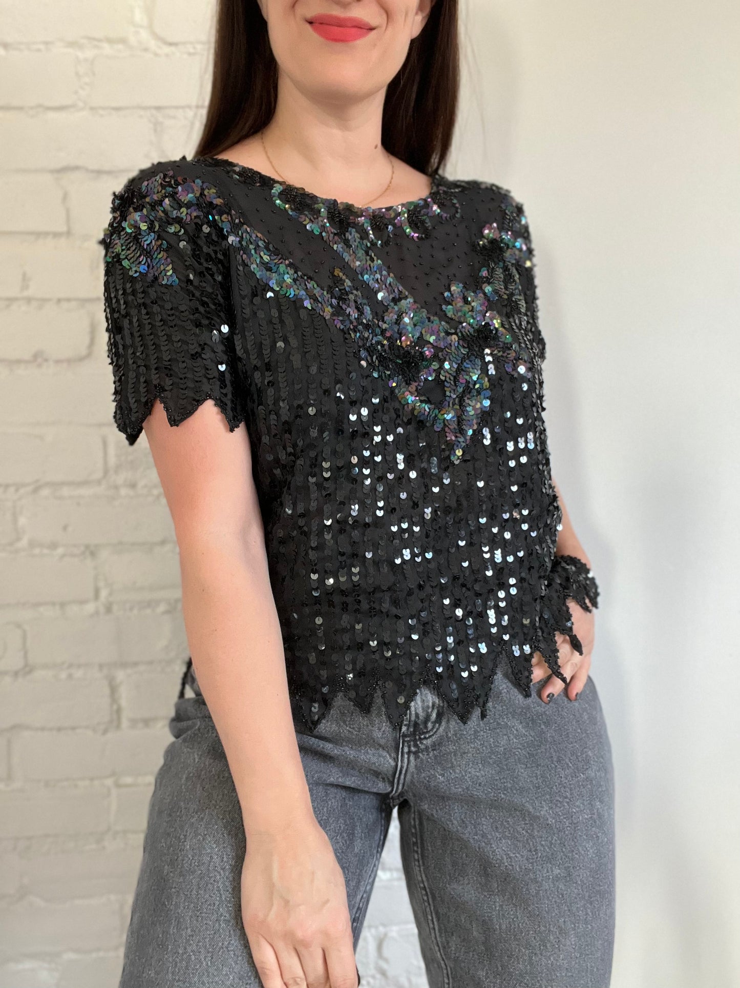 Black Sheer Sequinned Top - M