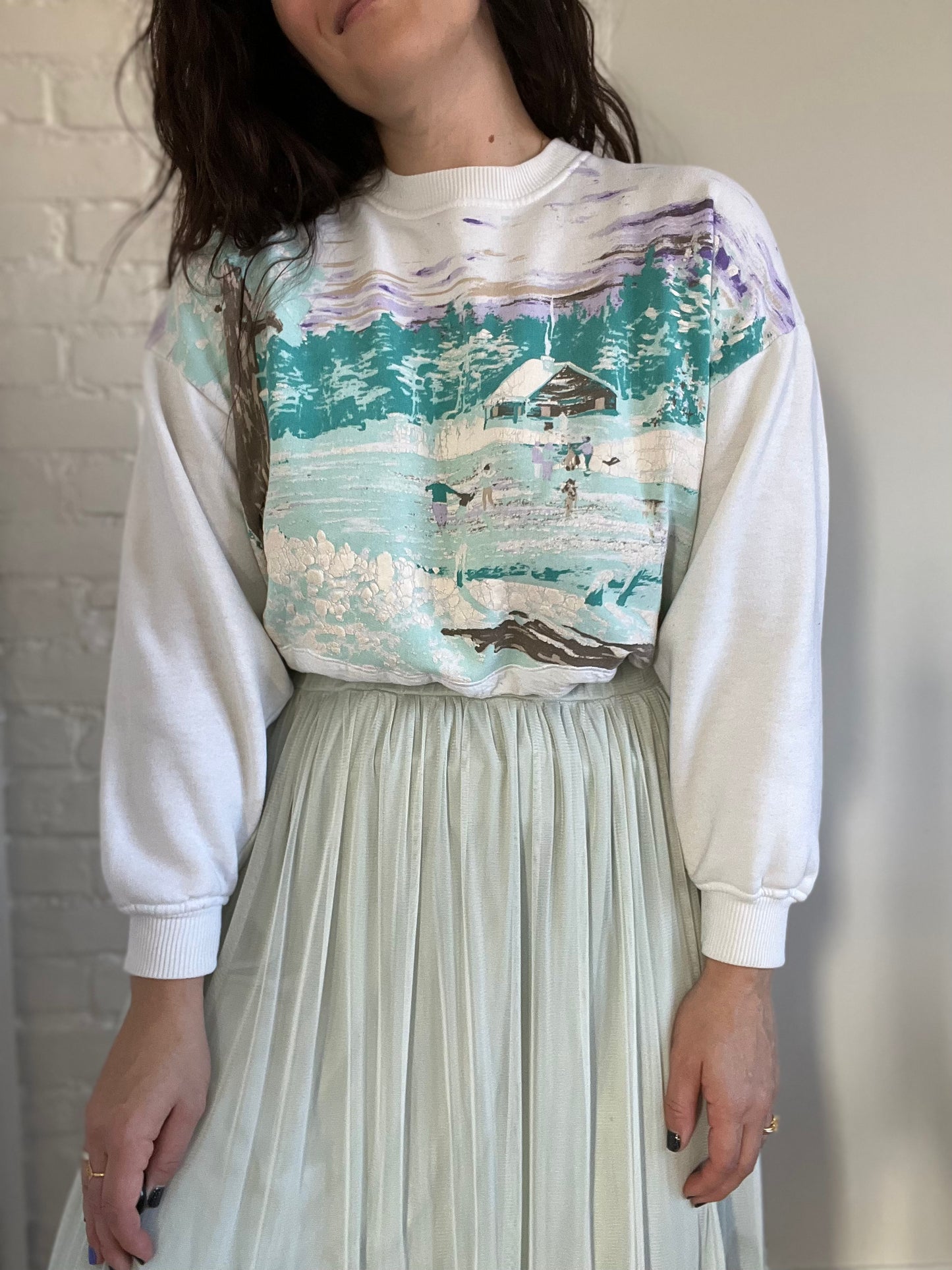 Vintage Skating Cottage Scene Sweater - L