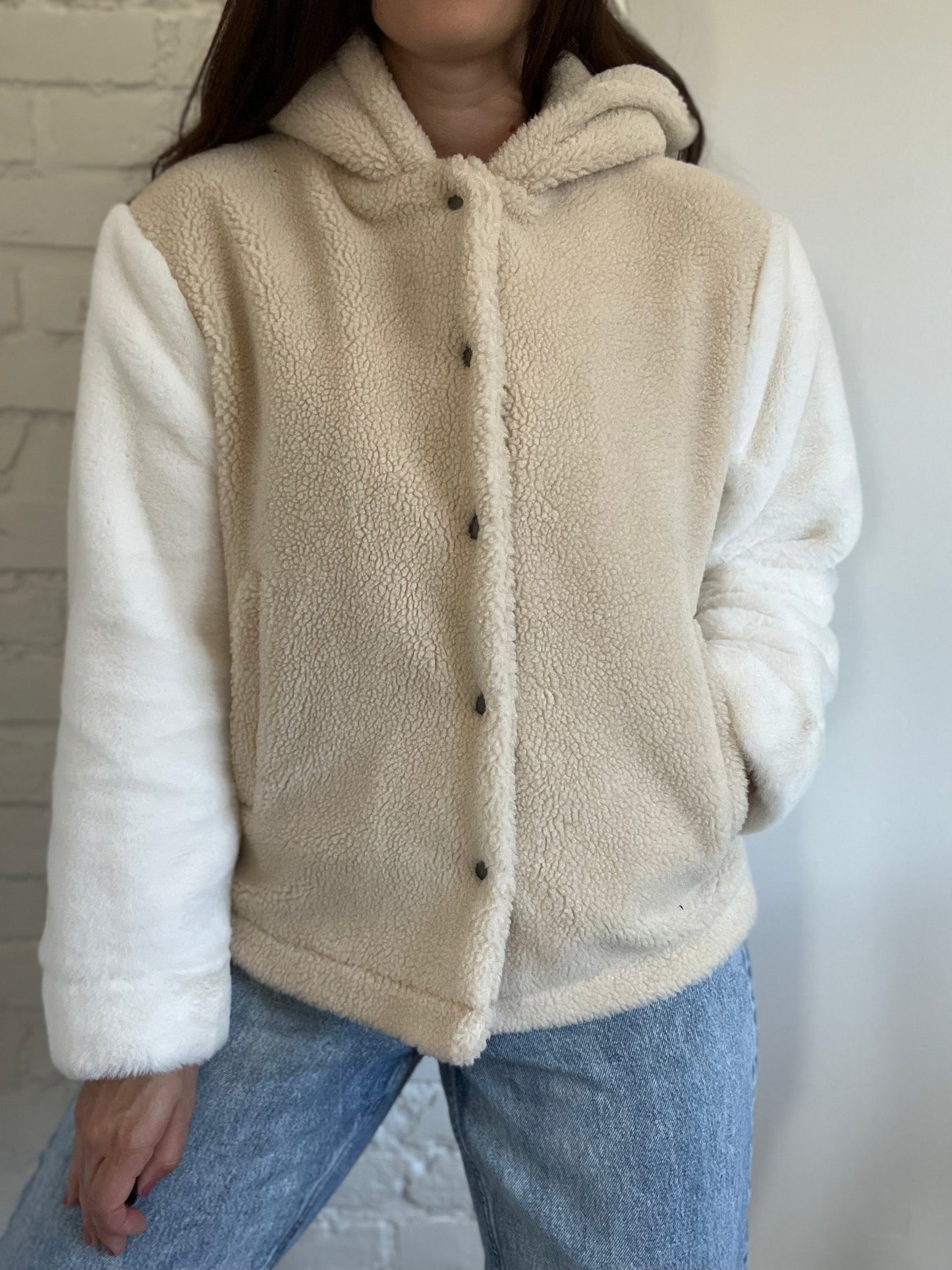 Sherpa & Faux White Fur Jacket - Size S/M