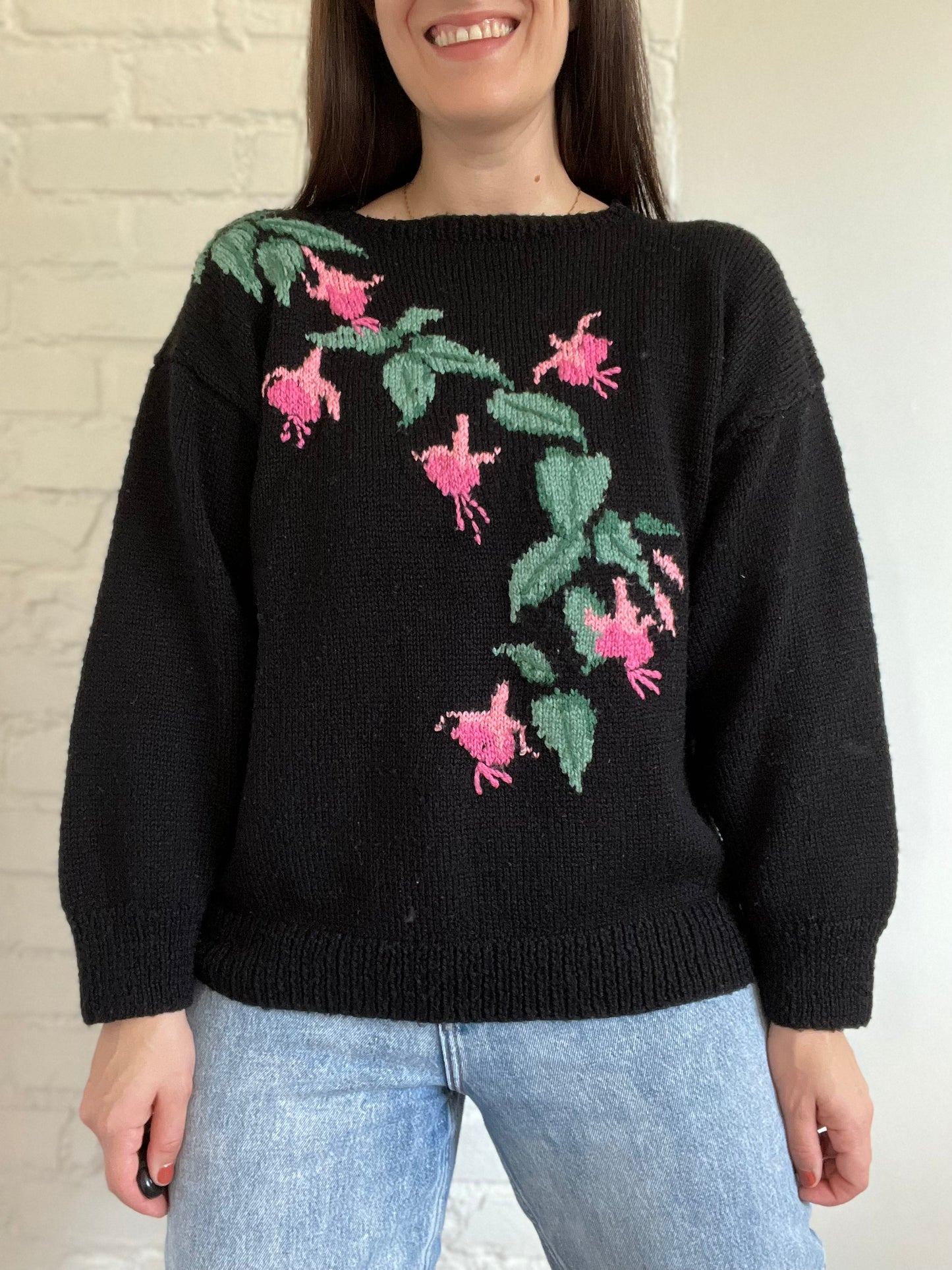 Hand Knit Black & Floral Sweater - Size L/XL