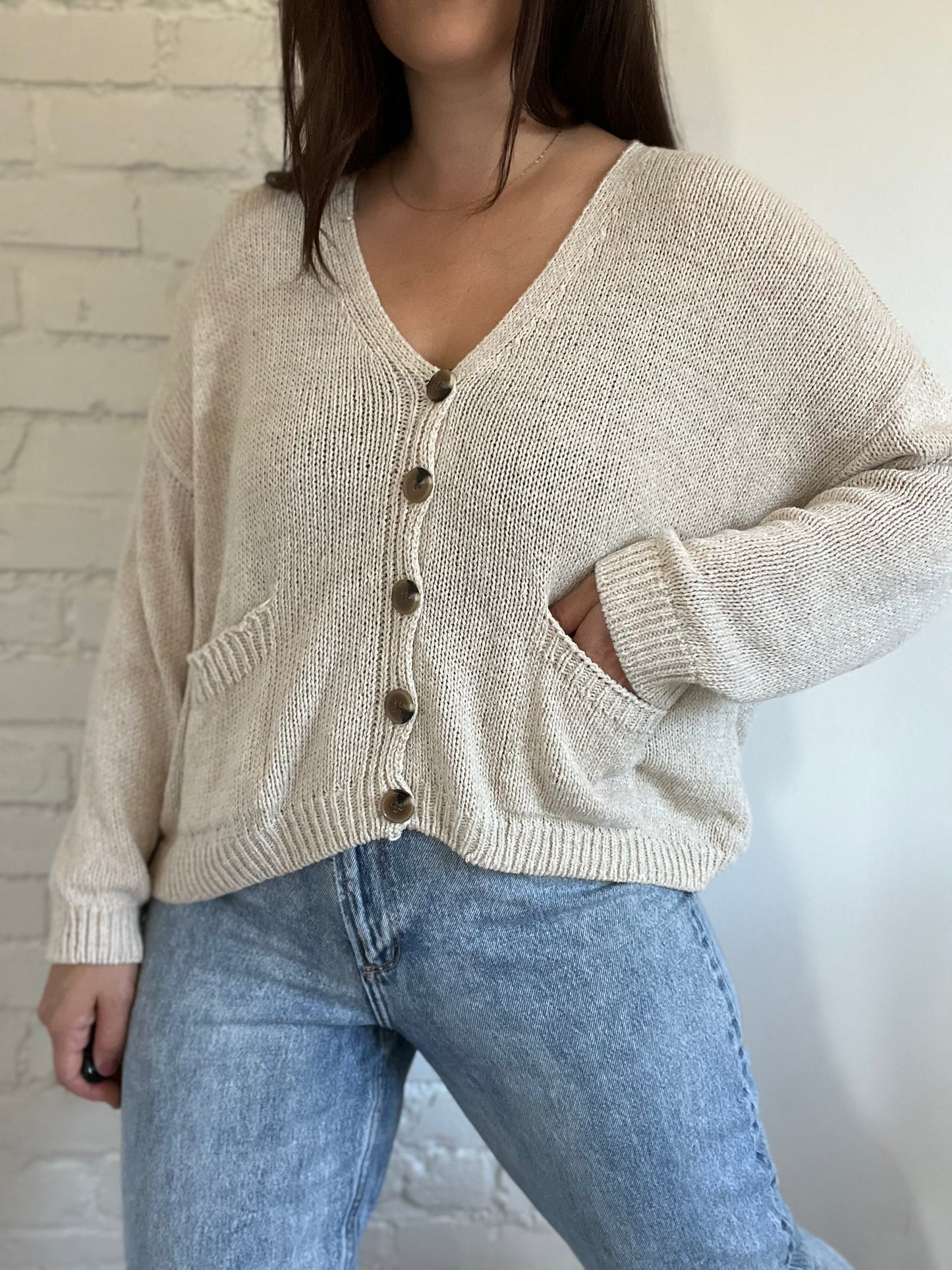 Relaxed Oatmeal Knit Cardigan - Size M