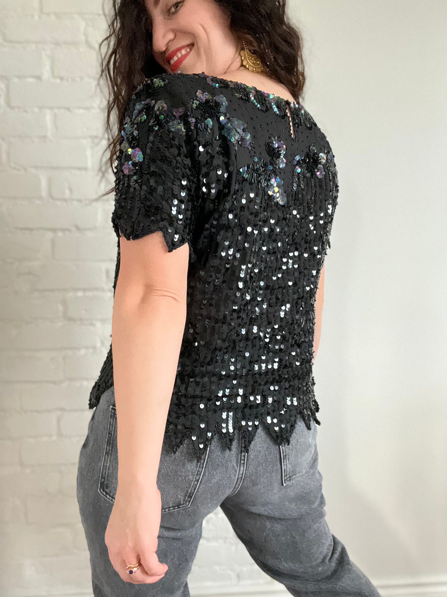 Black Sheer Sequinned Top - M