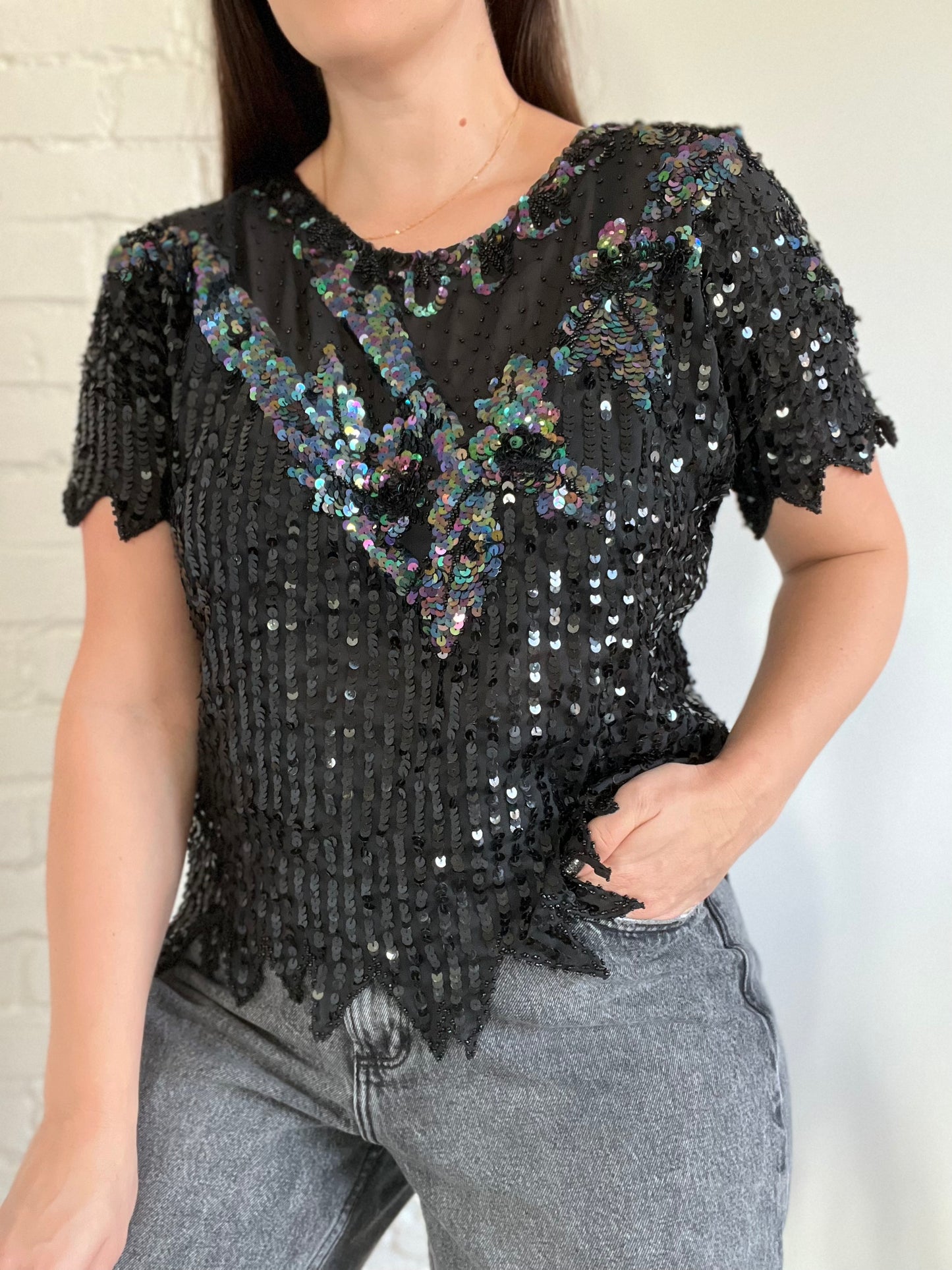 Black Sheer Sequinned Top - M