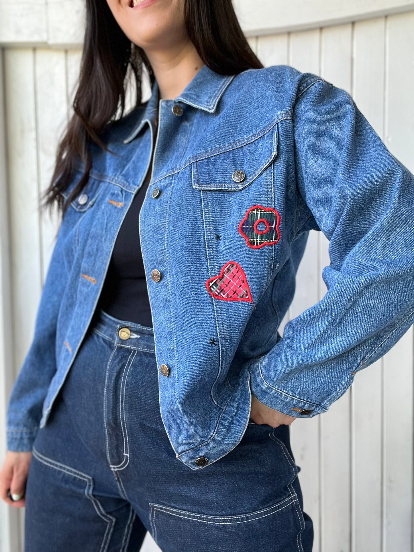 Patched Plaid Denim Jacket - Size M